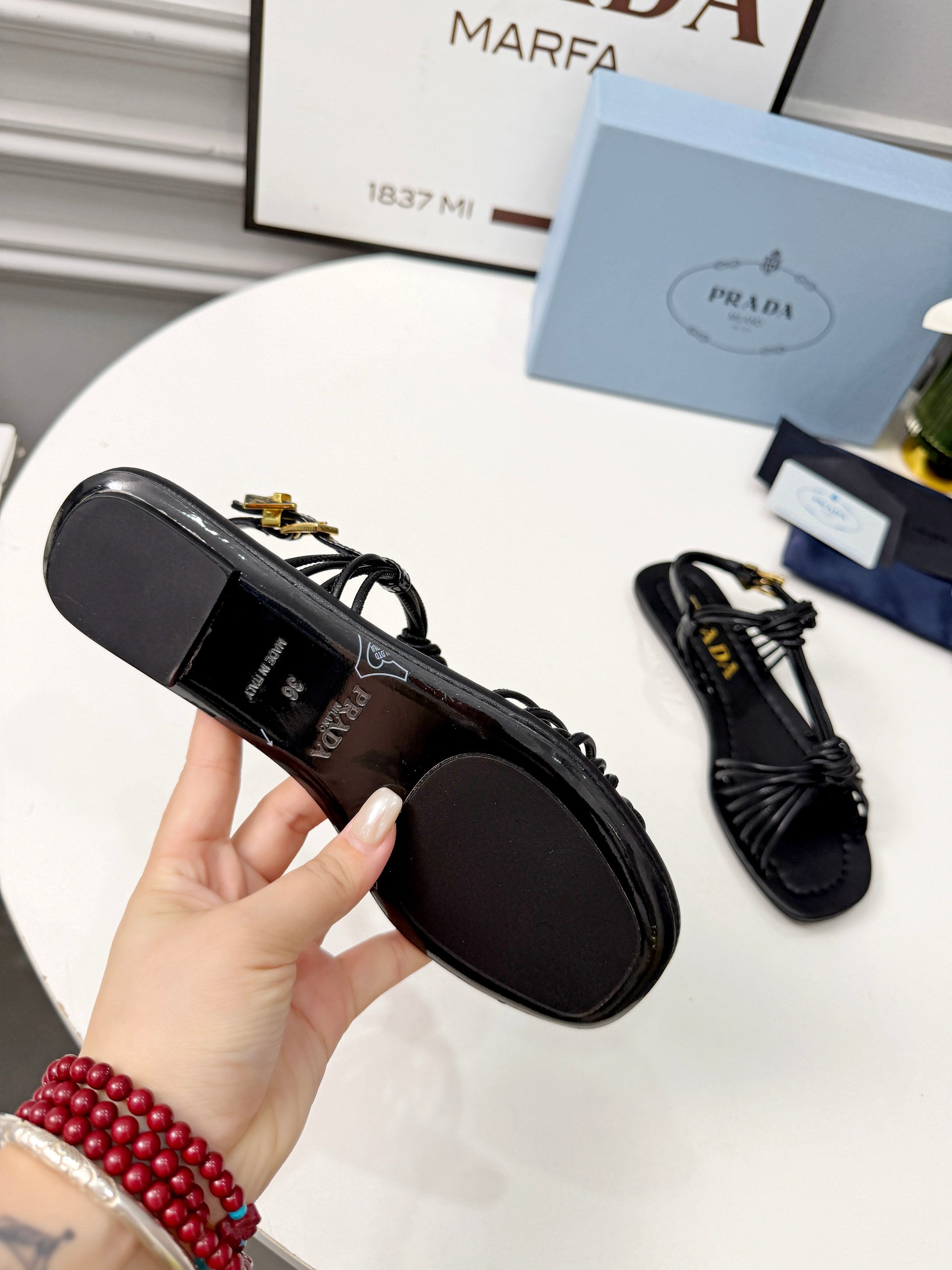 Prada 26s Knotted Metallic Leather Flat Sandals Black Leather 986575