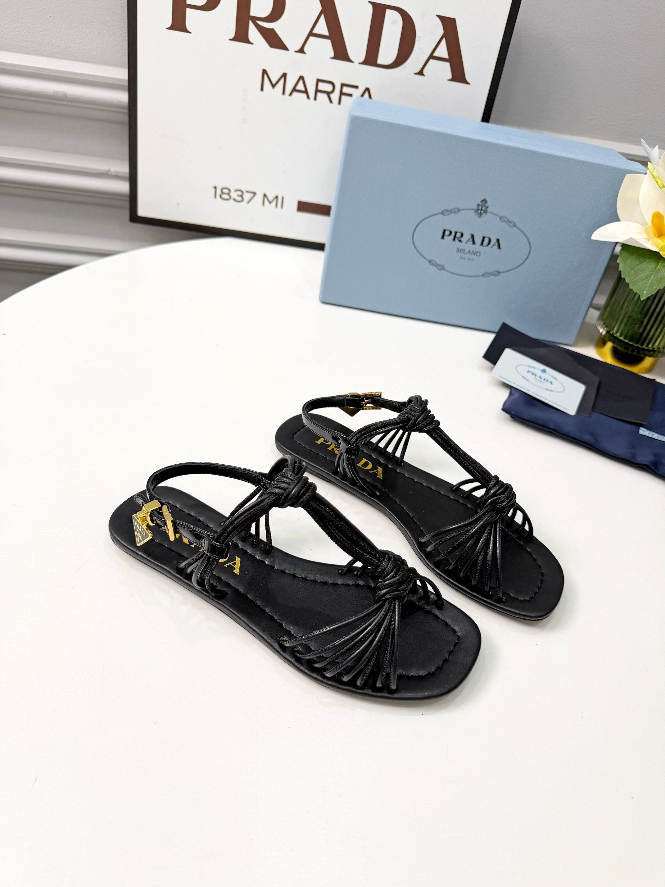 Prada 26s Knotted Metallic Leather Flat Sandals Black Leather 986575