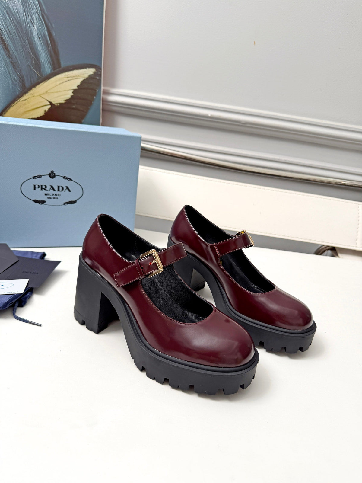 Prada Mary Jane Platform Pumps Burgundy Patent Leather 118329