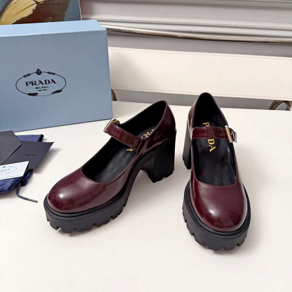 Prada Mary Jane Platform Pumps Burgundy Patent Leather 118329