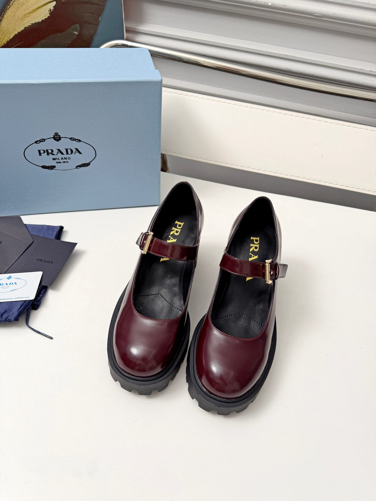 Prada Mary Jane Platform Pumps Burgundy Patent Leather 118329