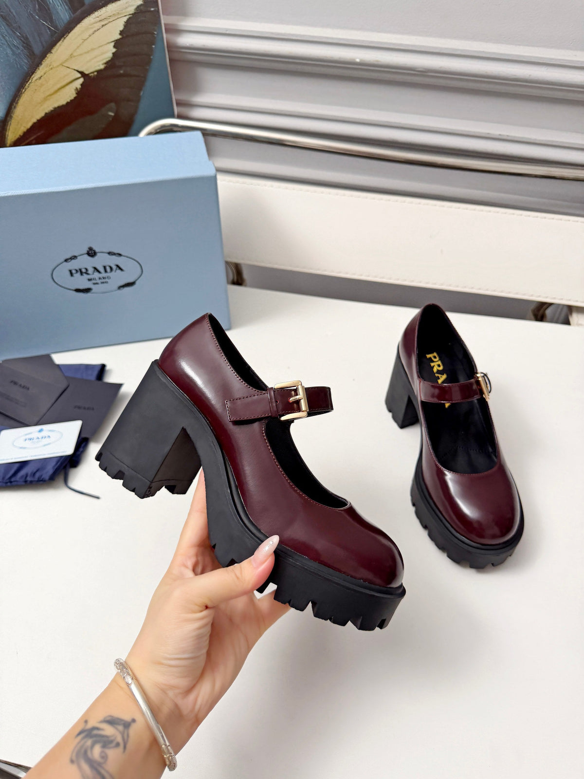 Prada Mary Jane Platform Pumps Burgundy Patent Leather 118329