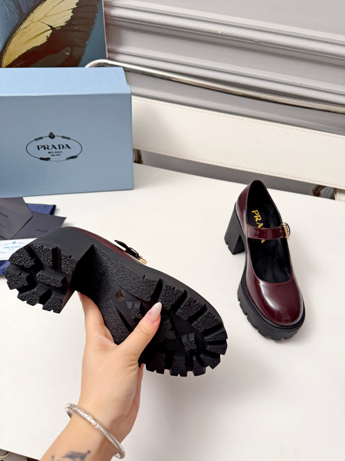 Prada Mary Jane Platform Pumps Burgundy Patent Leather 118329