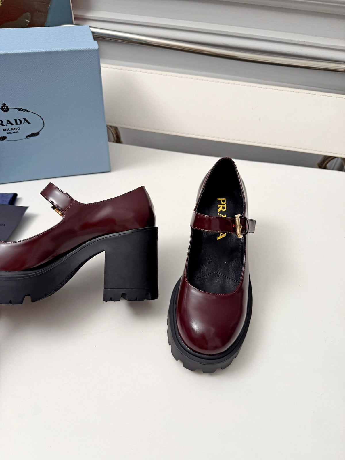 Prada Mary Jane Platform Pumps Burgundy Patent Leather 118329