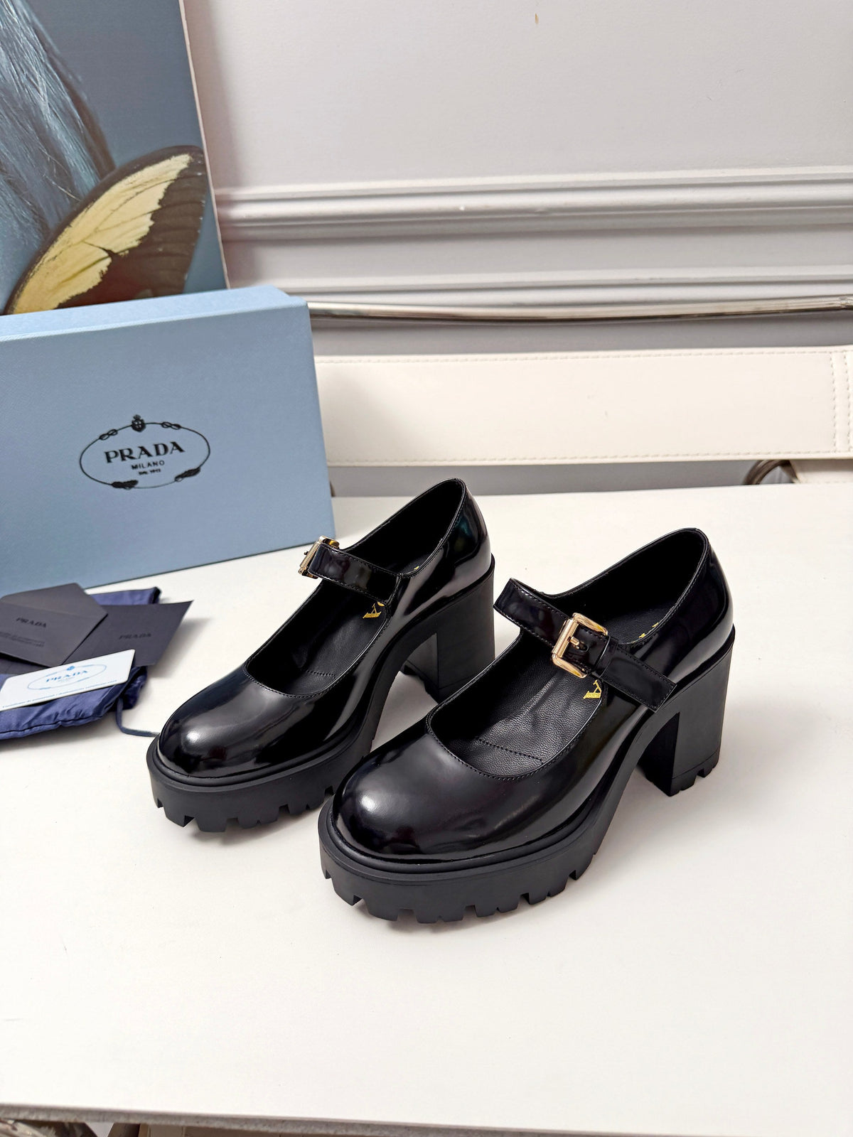 Prada Mary Jane Platform Pumps Black Patent Leather 118330