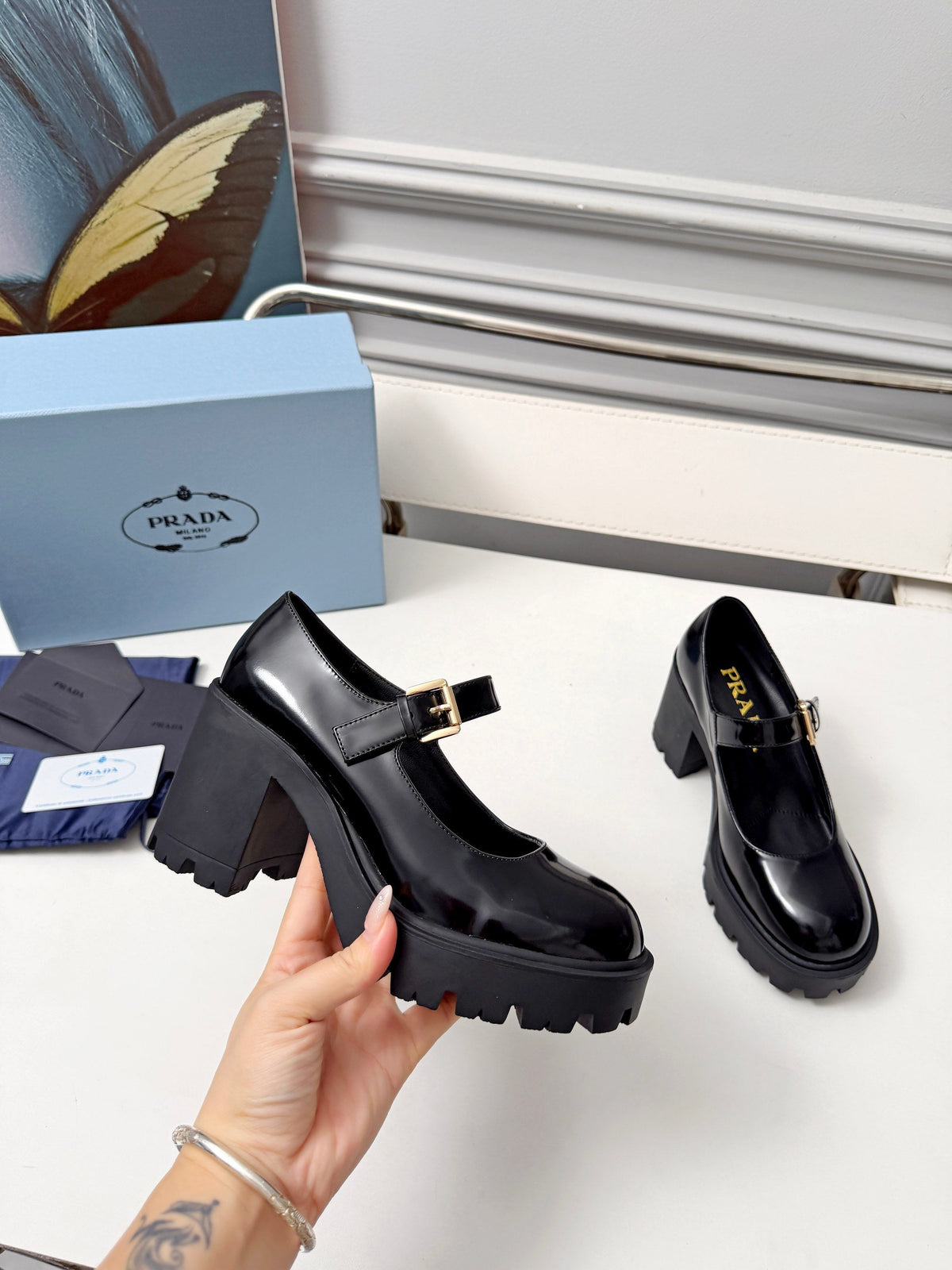 Prada Mary Jane Platform Pumps Black Patent Leather 118330