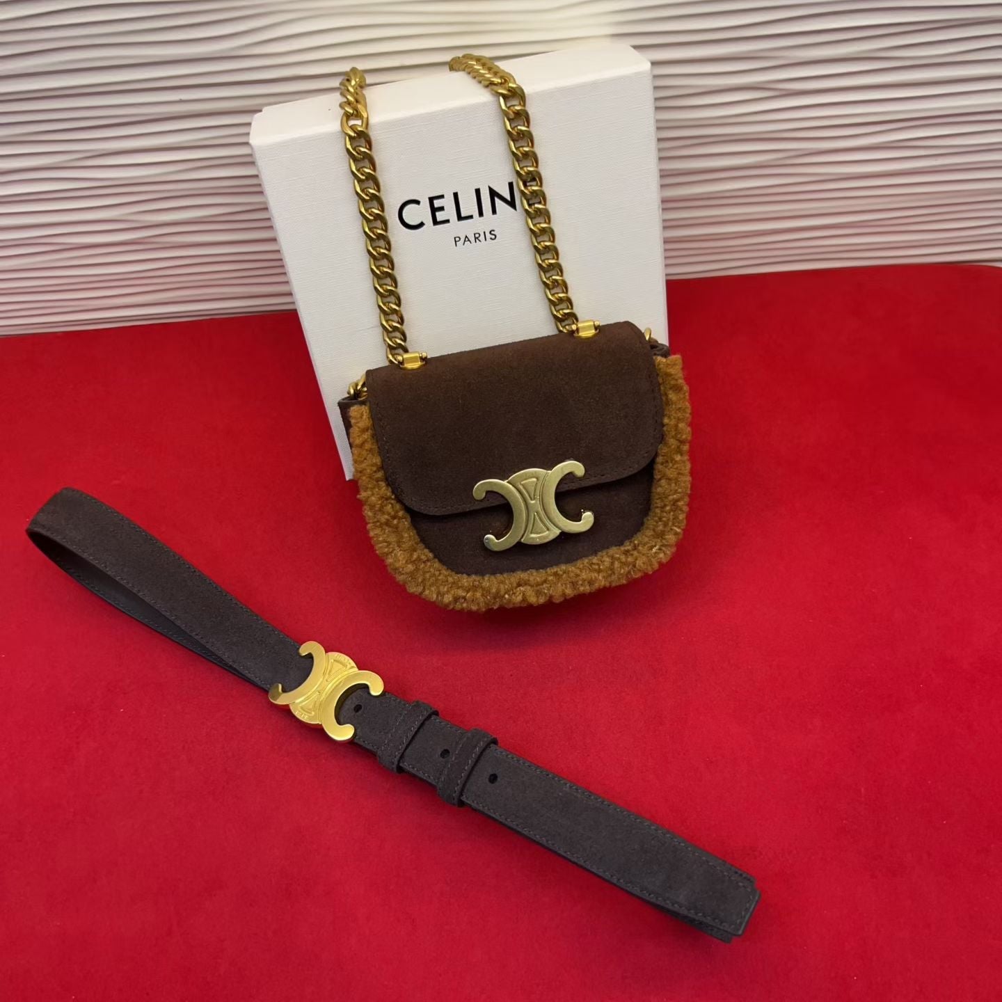 Celine Triomphe Mini Waist Bag Coffee Suede Shearing 202748