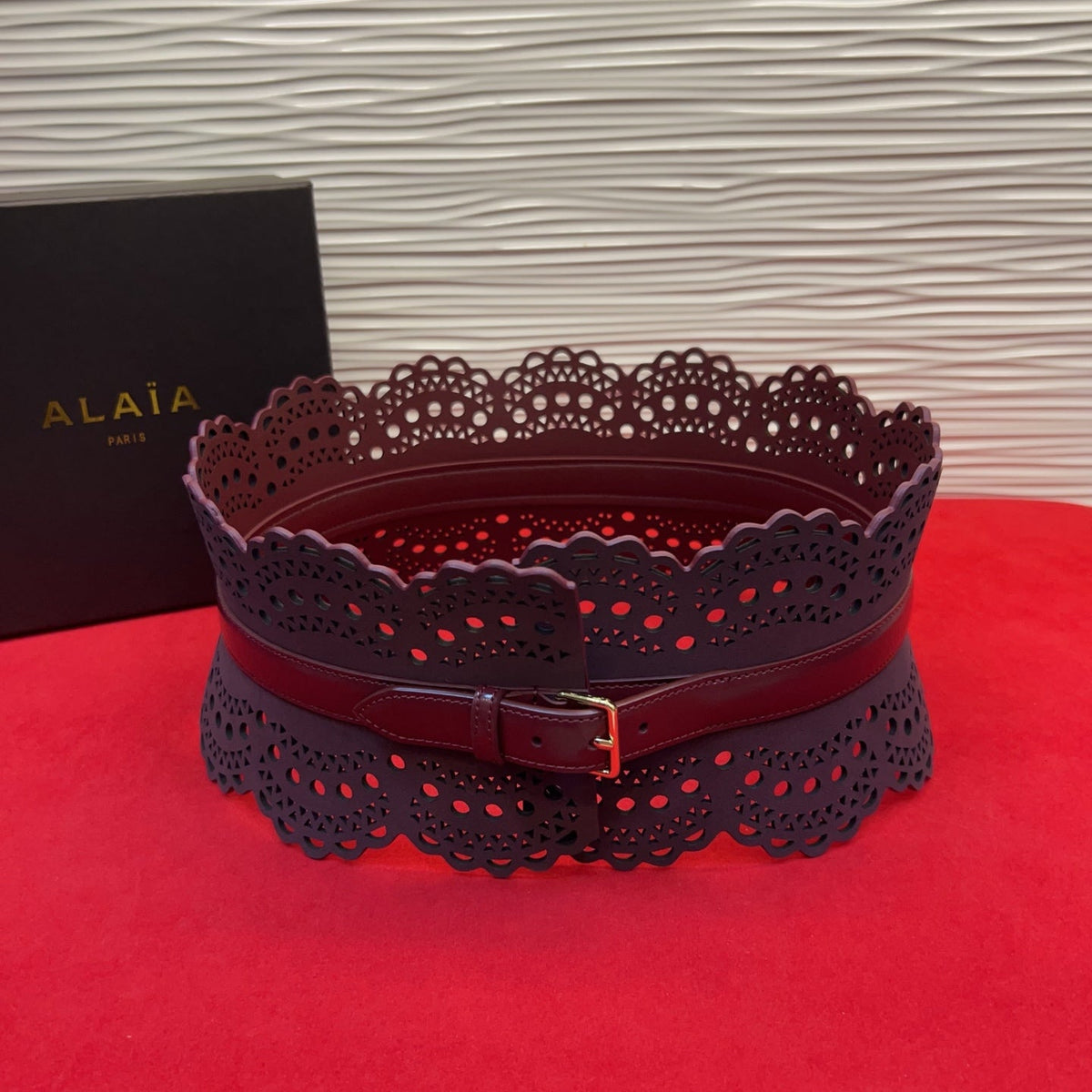 Alaia  26s Vienne Laser Cut Bustier Belt Burgundy Leather 218887