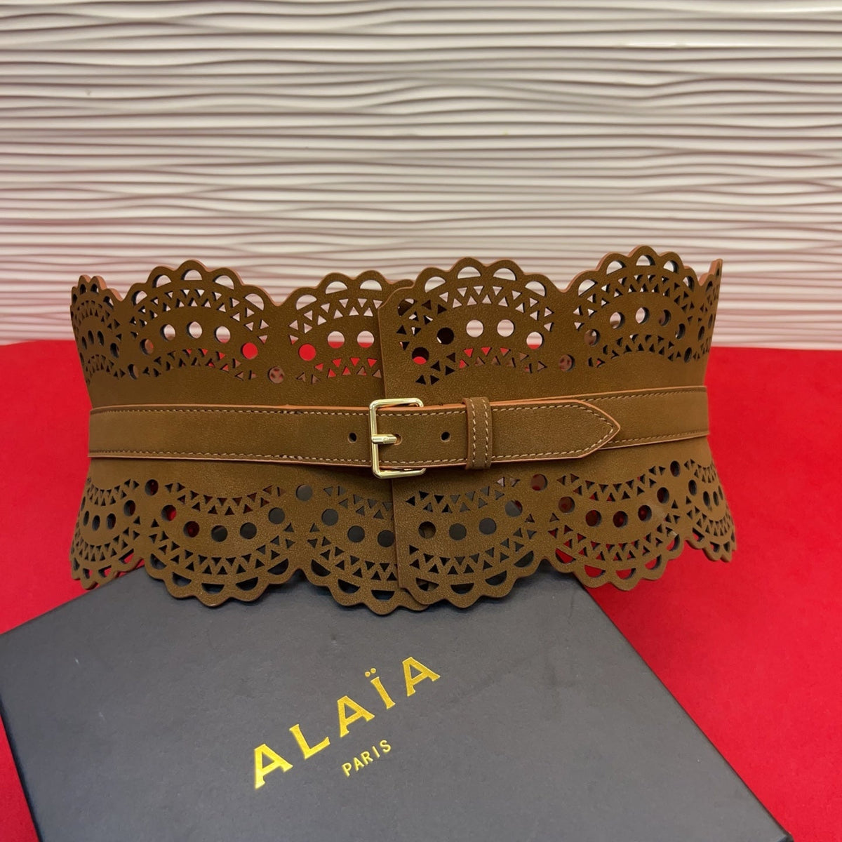 Alaia 26s Vienne Laser Cut Bustier Belt Camel Leather 218886