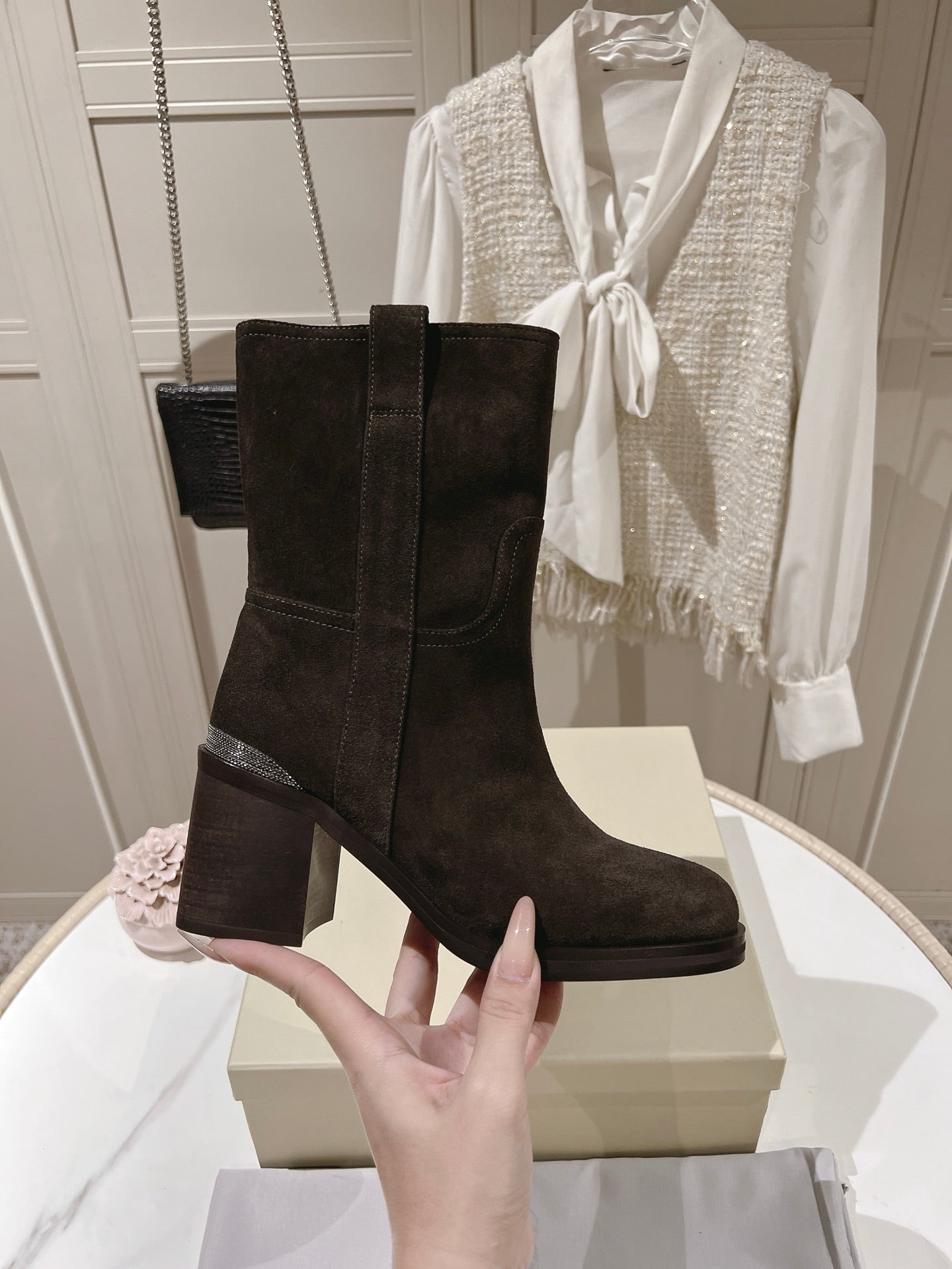 Brunello Chunky Heel Elegant Mid-Calf Boots Coffee Suede 929302