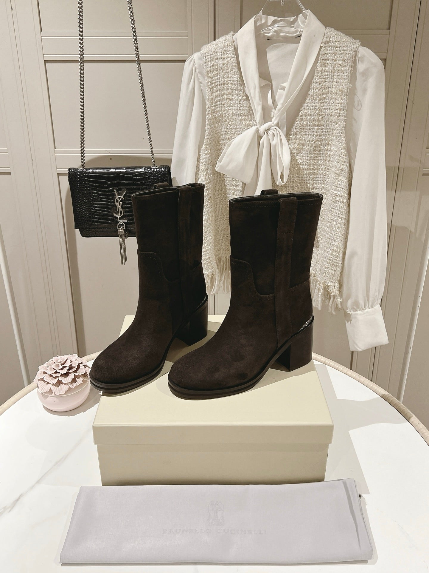 Brunello Chunky Heel Elegant Mid-Calf Boots Coffee Suede 929302