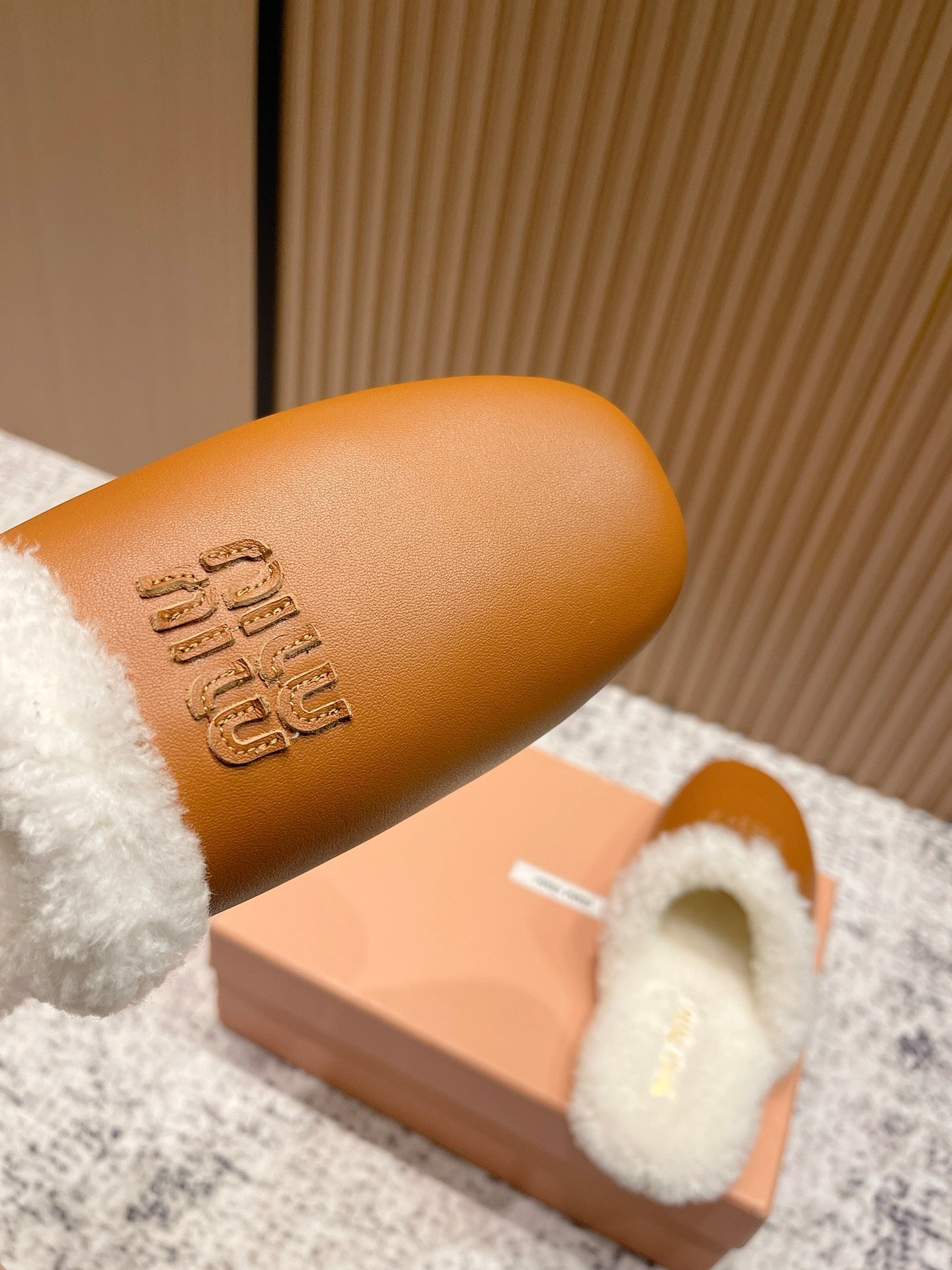 Miu Shearling-Lined Mules Brown Cowhide 481433