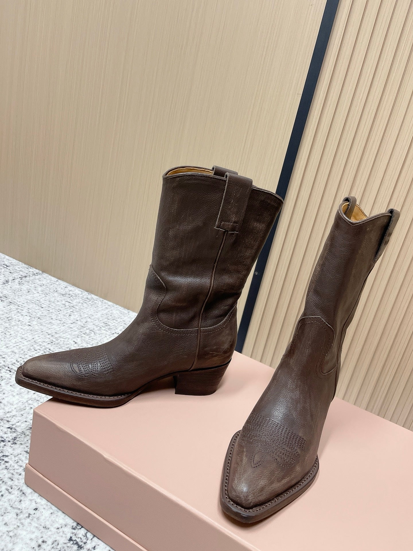 Miumiu Latest FW Western Cowboy Boots Brown Genuine Leather 533965