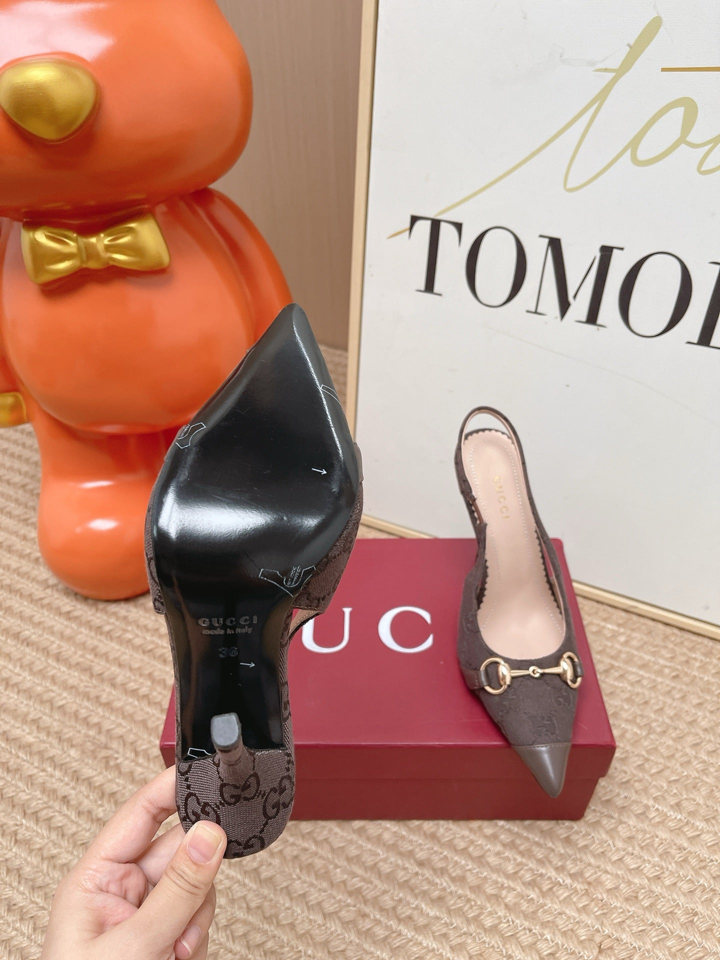 GG 26s Slingback Pump 10.5cm With Horsebit Coffee Leather Canvas 901311