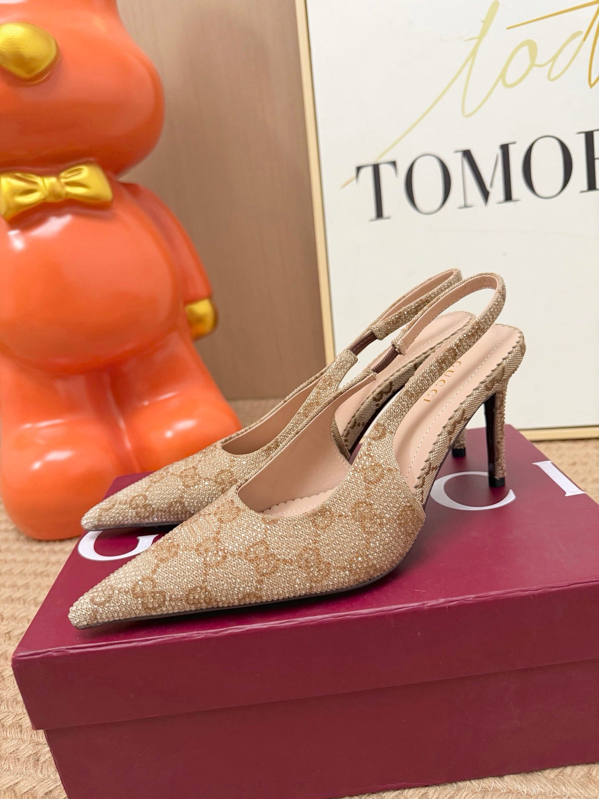 GG 26s Crystal Slingbacks 8cm Beige Canvas 191830