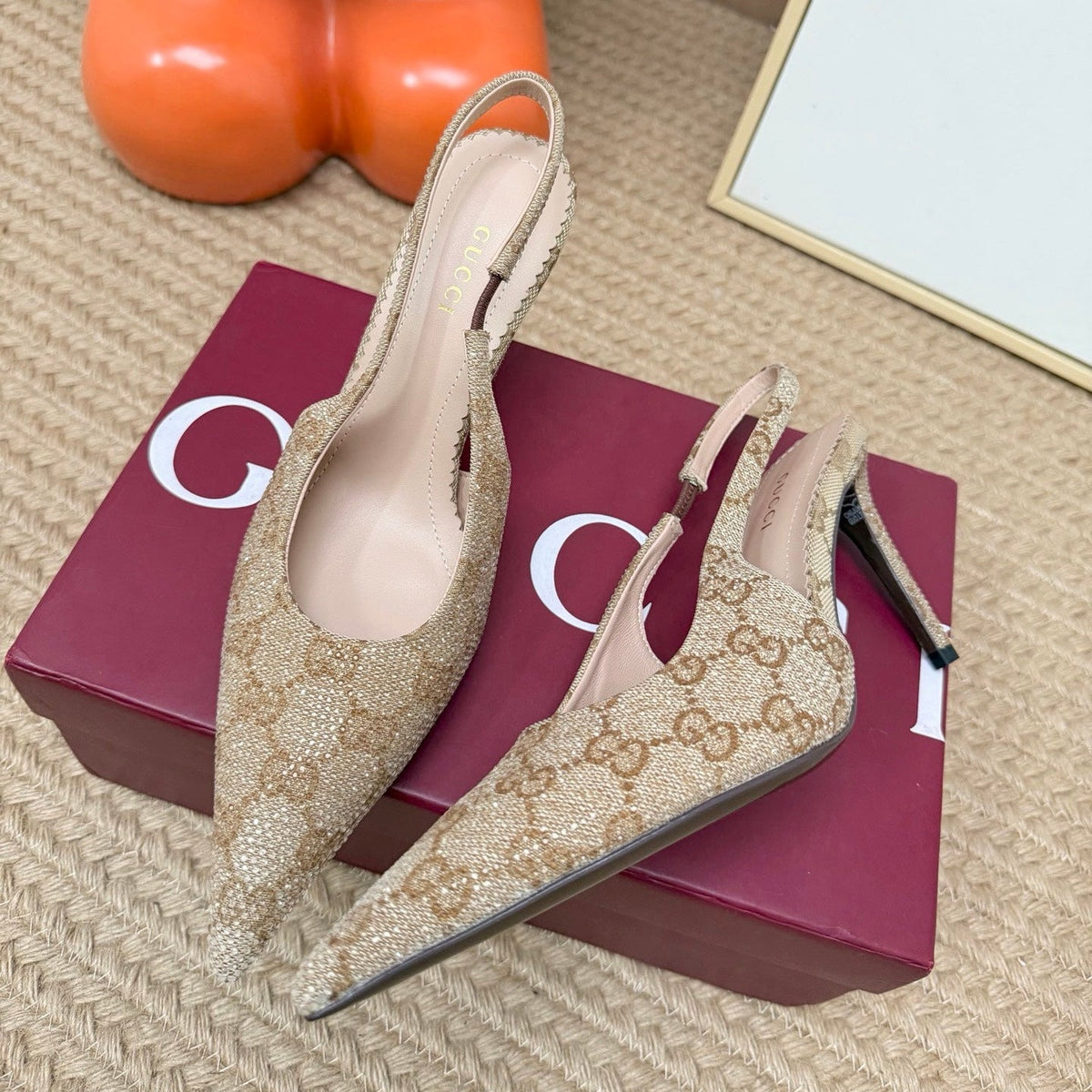 GG 26s Crystal Slingbacks 8cm Beige Canvas 191830