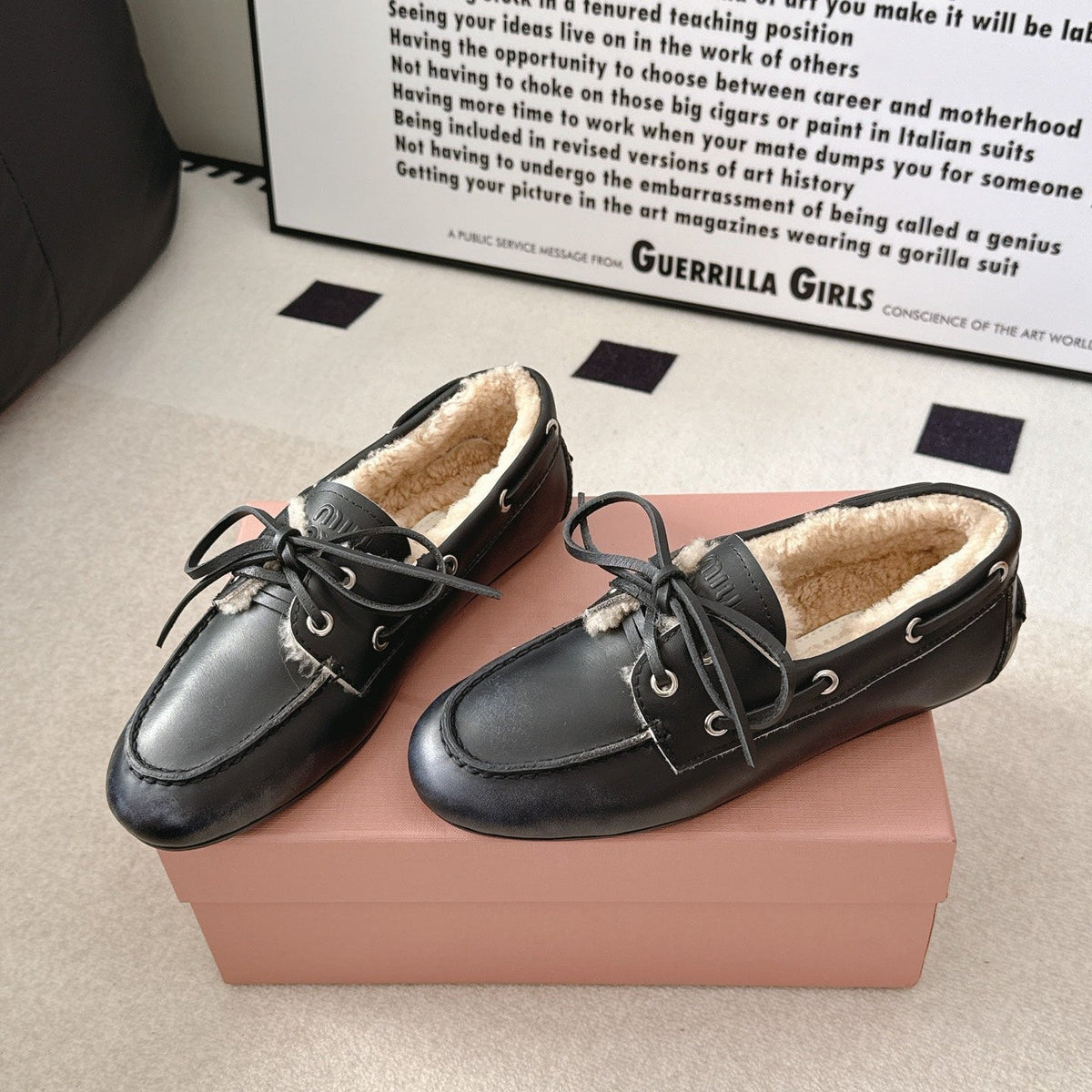 MM 26s Shearling Boat Shoes Black Leather 191938