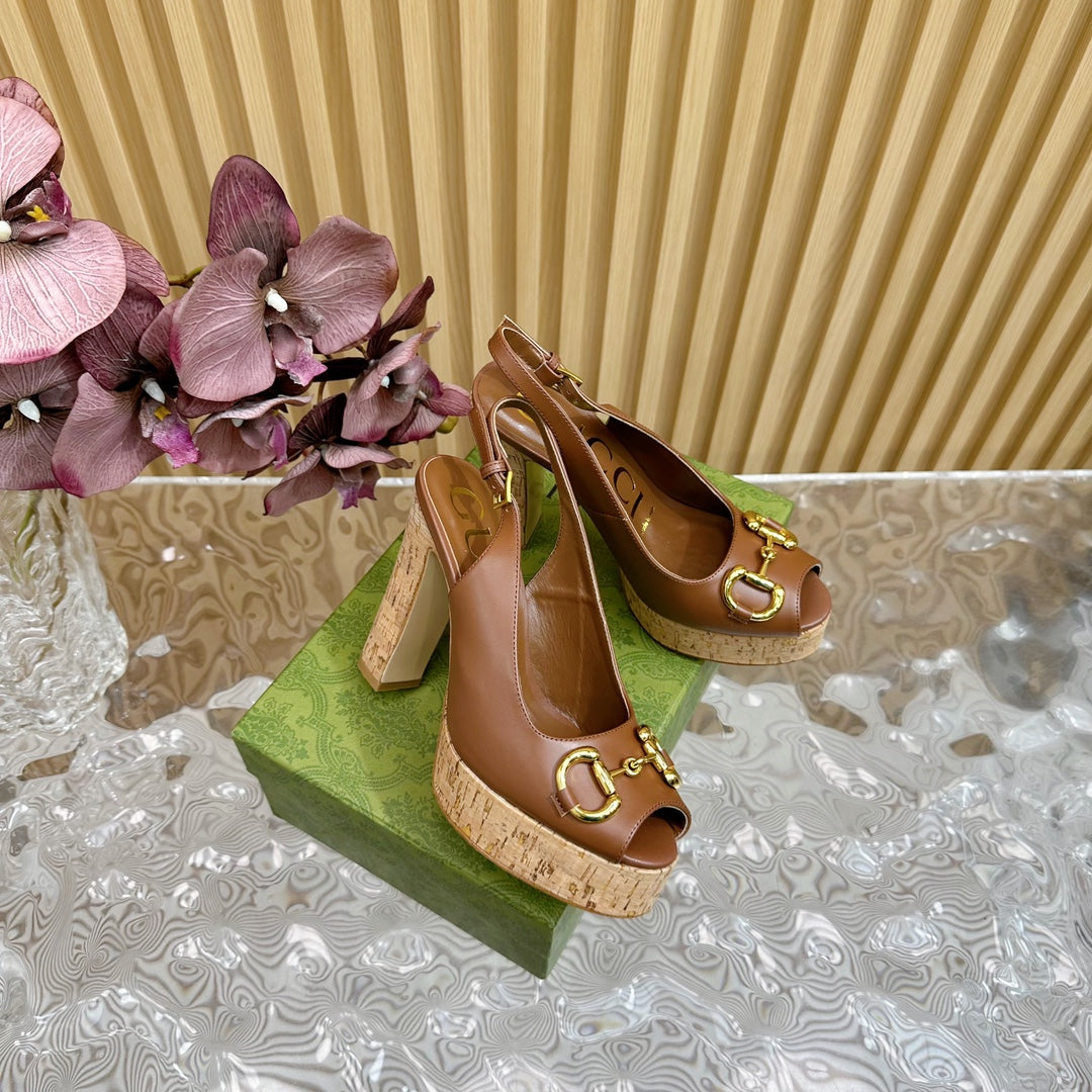 GG SANDAL WITH PLATFORM AND CLAMP CARAMEL LAMBSKIN