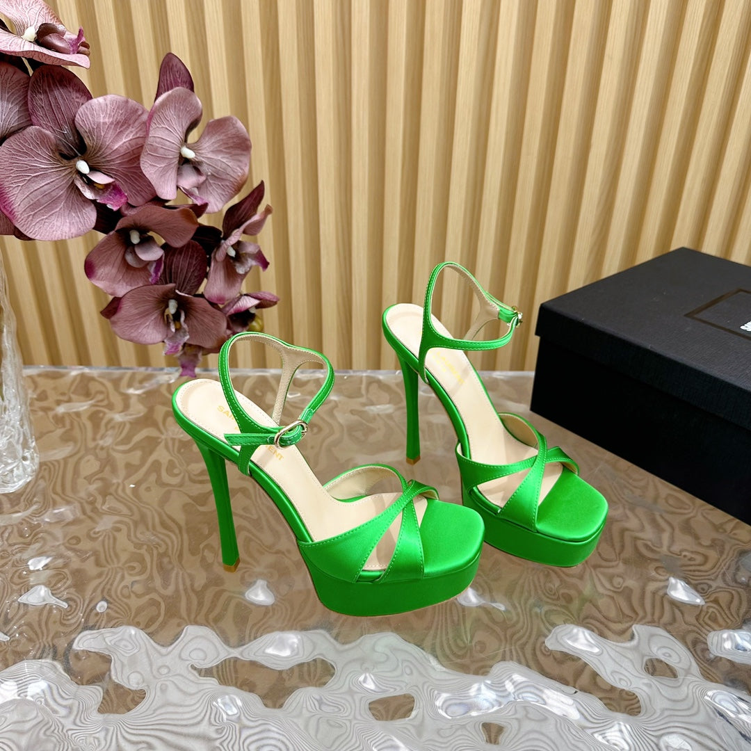 DEBBIE PLATFORM SANDALS IN GREEN SILK