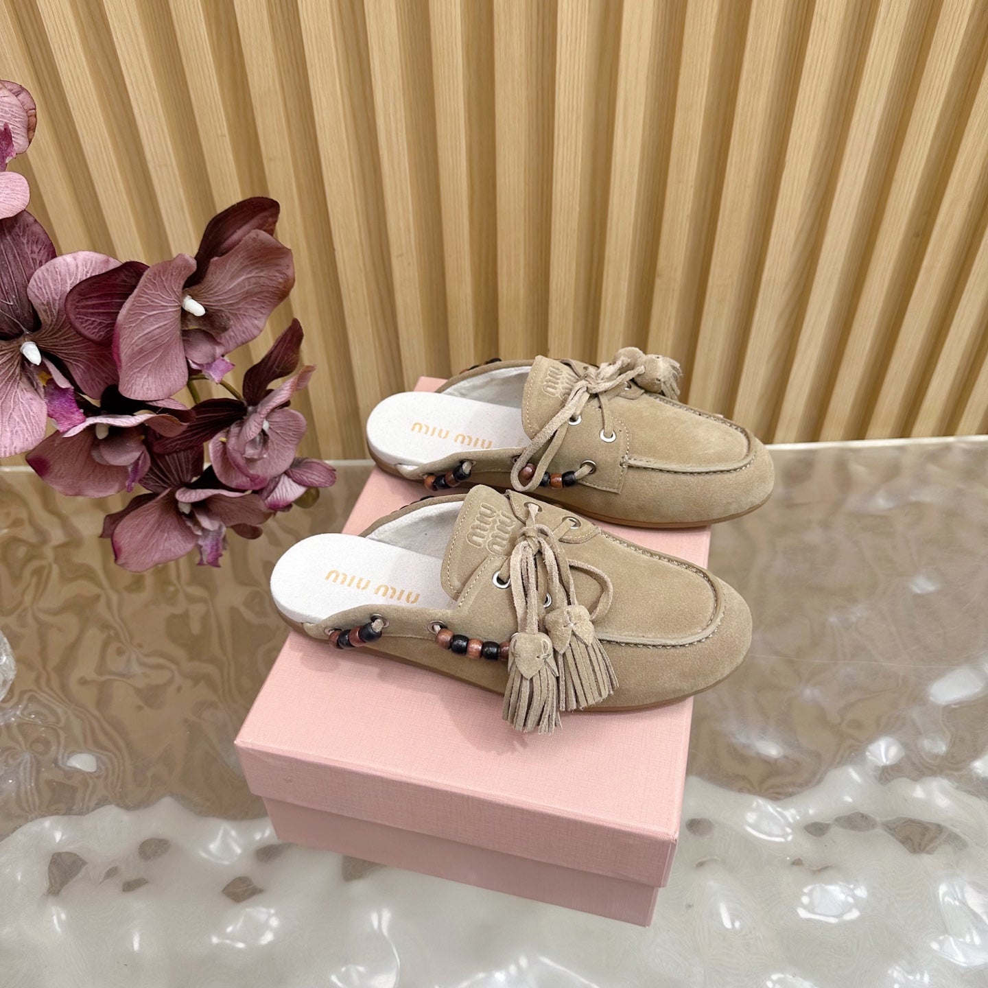 Miu Laces Eyelet Flat Half Slipper Beige Suede 498161