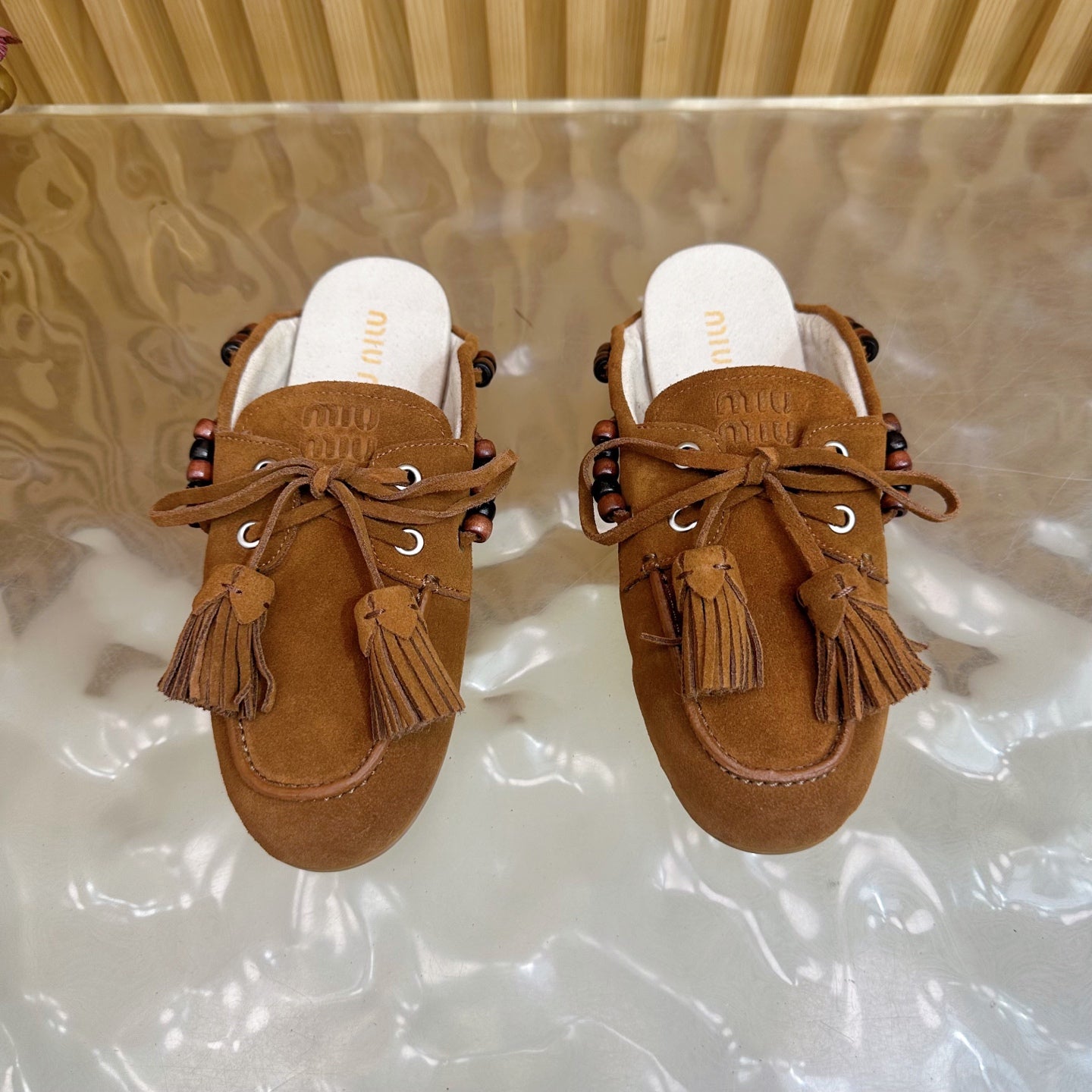 Miu Laces Eyelet Flat Half Slipper Dark Brown Suede 498163