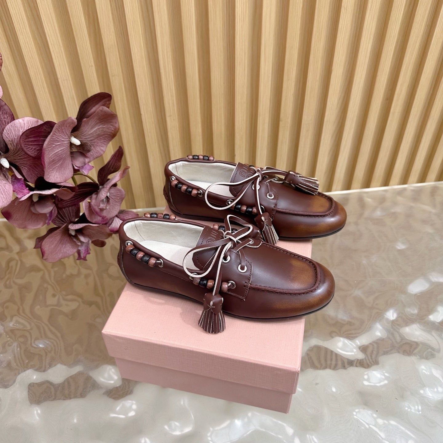 Miu Laces Eyelet Flat Loafer Deep Reddish Brown Sheepskin  498169