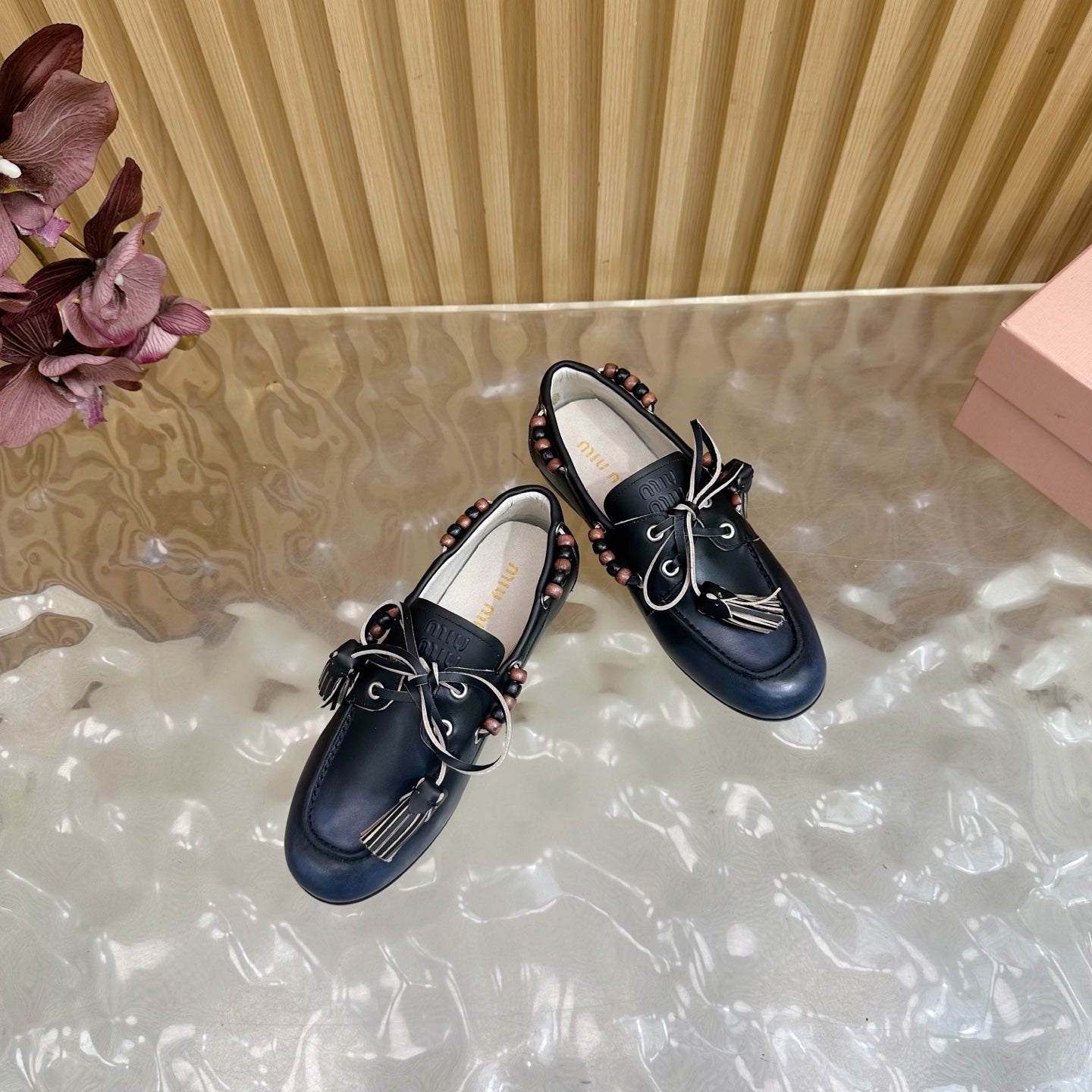 Miu Laces Eyelet Flat Loafer Black Sheepskin  498170