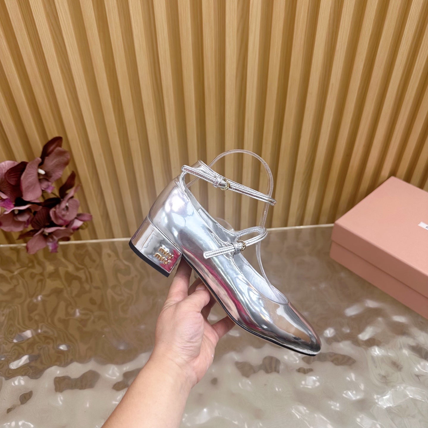 Miu Slingback Pumps With Straps 45mm Sliver Patent Leather 498172