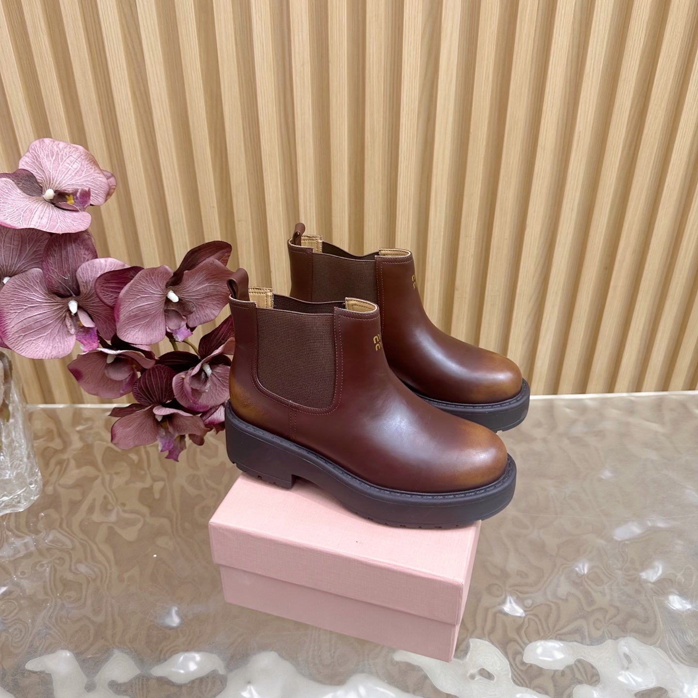 Miu Platform Chelsea Boots Deep Reddish Brown Leather 498176