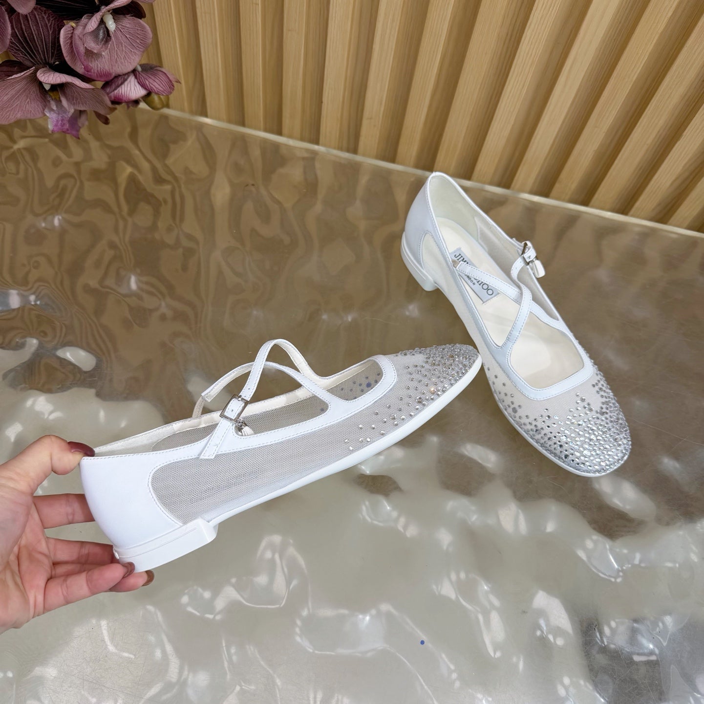 Jimmy Choo Mary Jane Flat Shoes White Mesh Cross Strap Pearl 537767