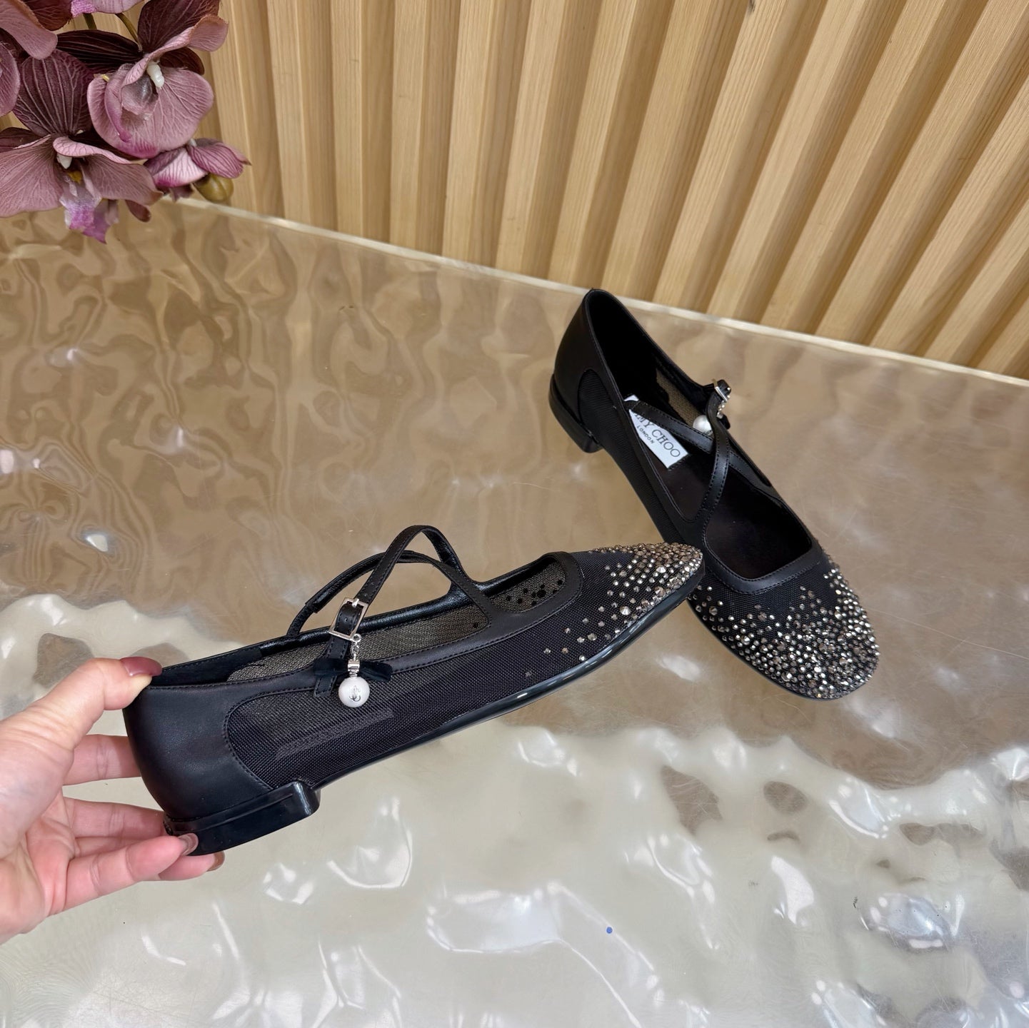Jimmy Choo Mary Jane Flat Shoes Black Mesh Cross Strap Pearl 537769