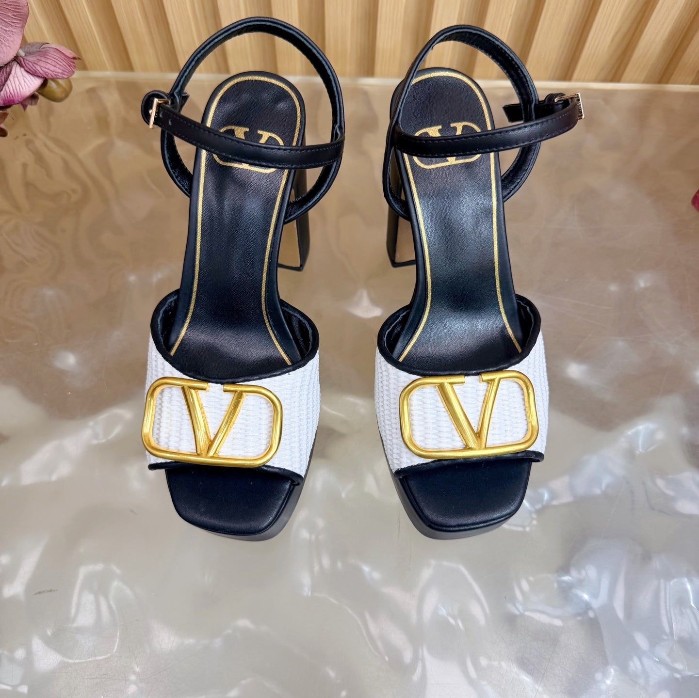 Valentino Signature Platform Sandal Black White Leather Raffia 702265
