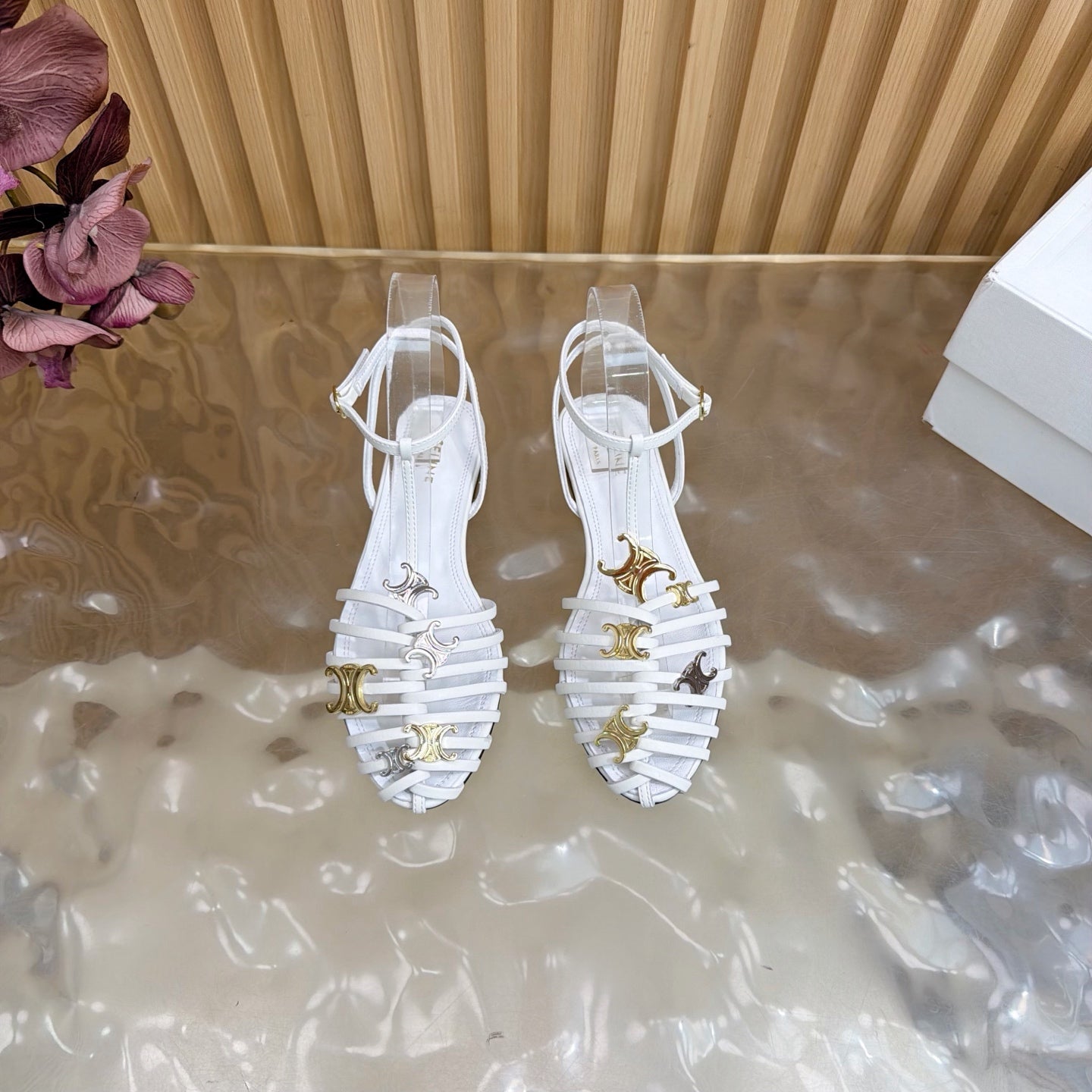 Celine 26s Cage Flat Sandals White Lambskin 898120