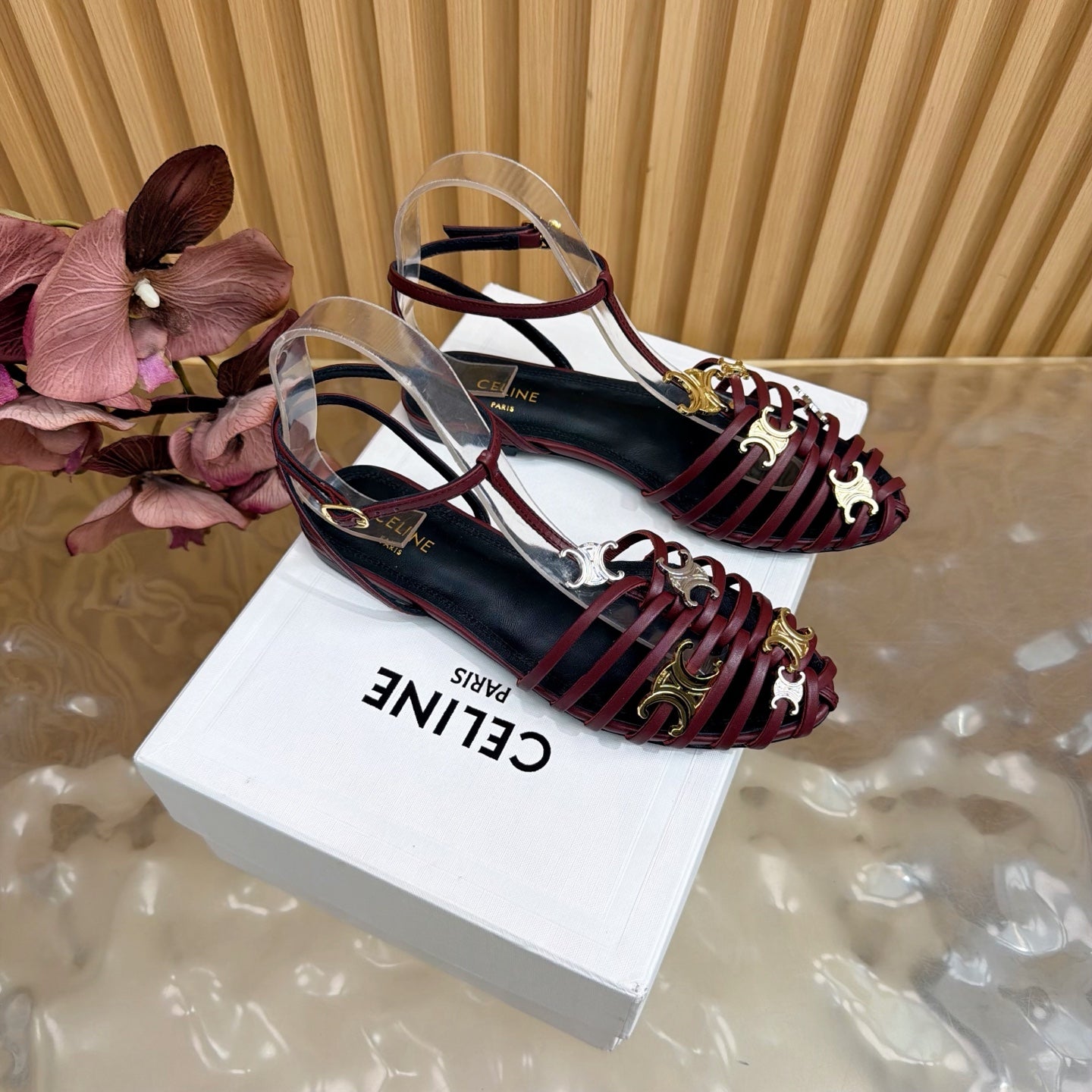Celine 26s Cage Flat Sandals Burgundy Lambskin 898122