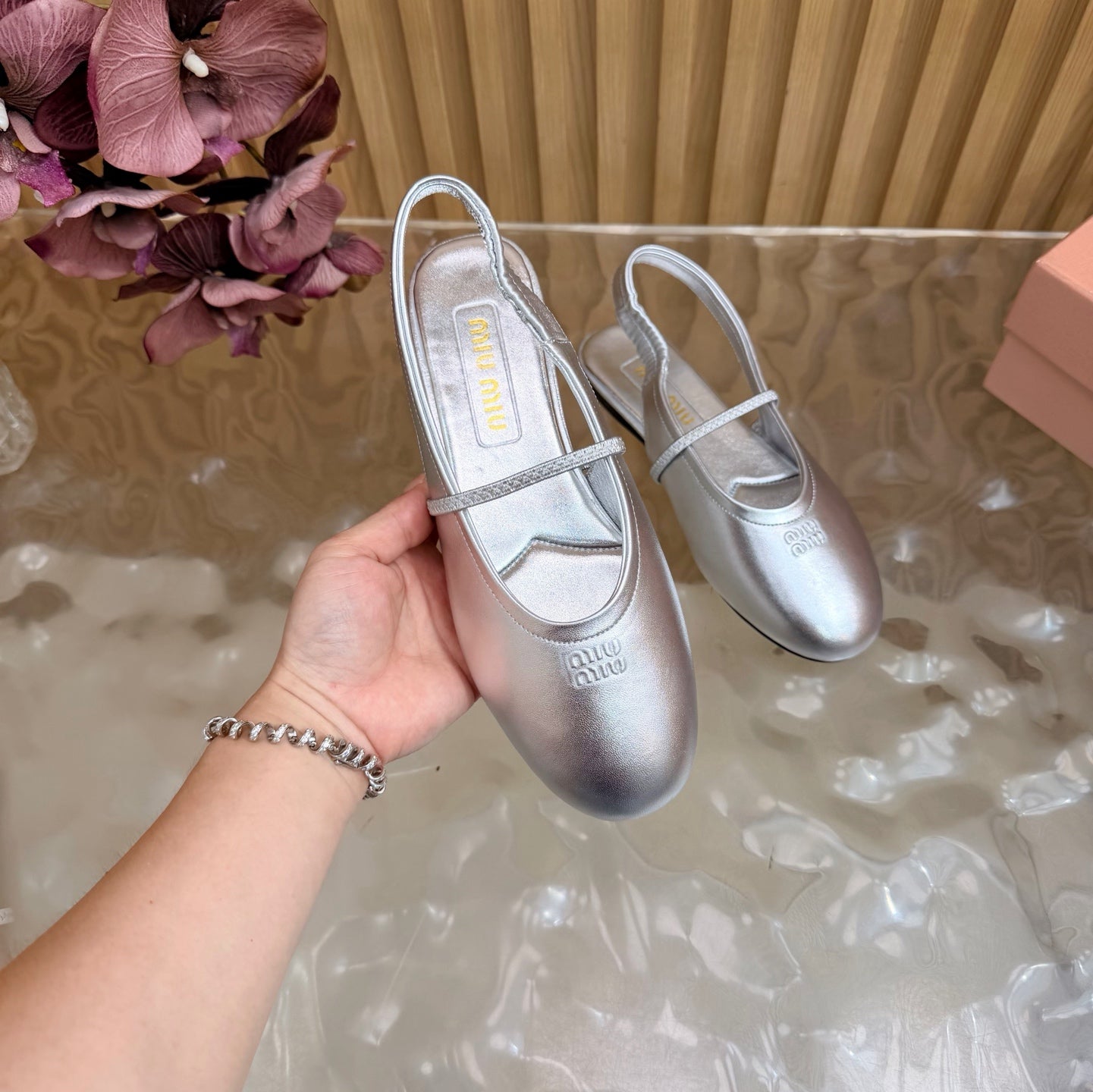 Miu 26s Slingback Ballerinas Sliver Lambskin 933412