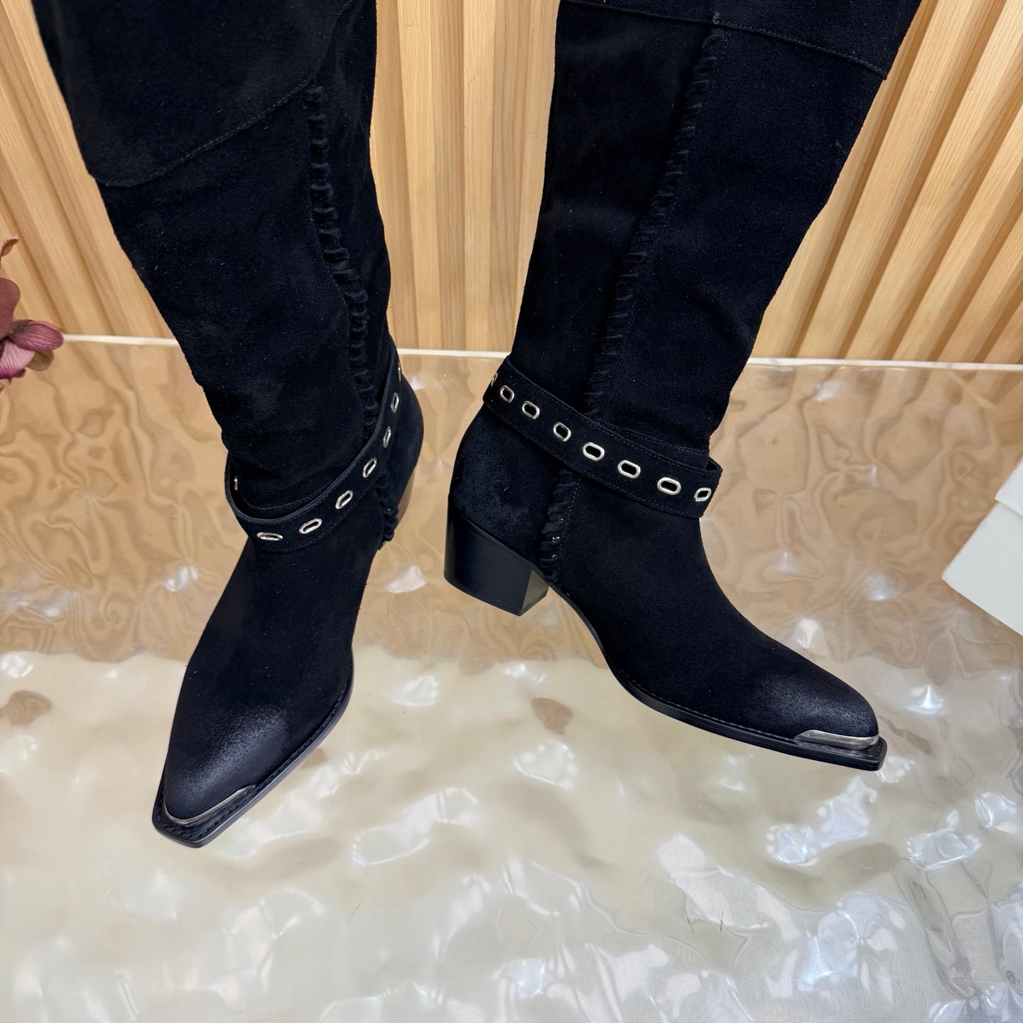 Celine 26s Western Knee-High Boots Black Suede 995403