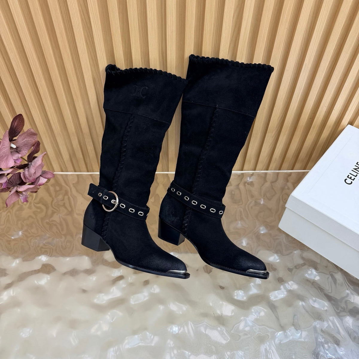 Celine 26s Western Knee-High Boots Black Suede 995403