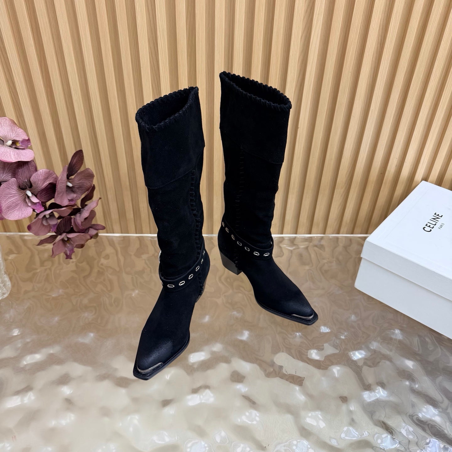 Celine 26s Western Knee-High Boots Black Suede 995403