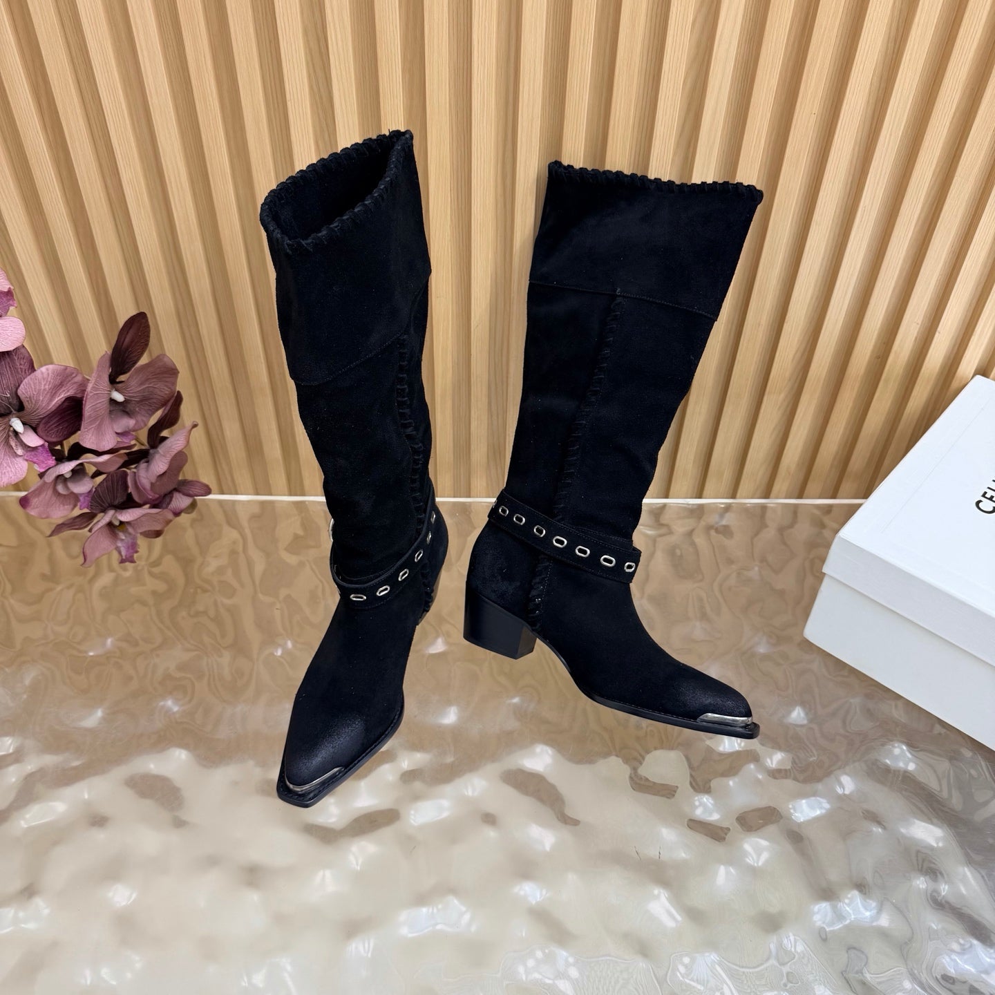 Celine 26s Western Knee-High Boots Black Suede 995403