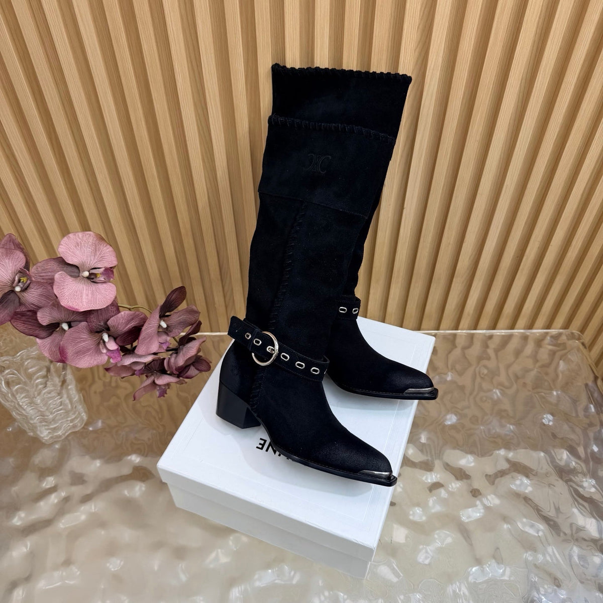 Celine 26s Western Knee-High Boots Black Suede 995403