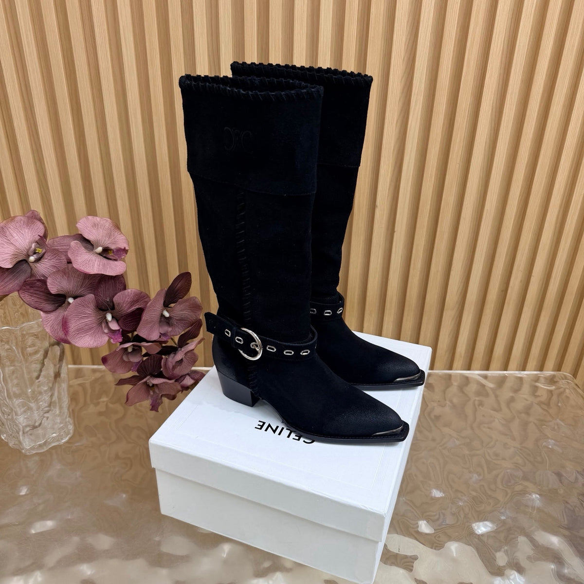Celine 26s Western Knee-High Boots Black Suede 995403