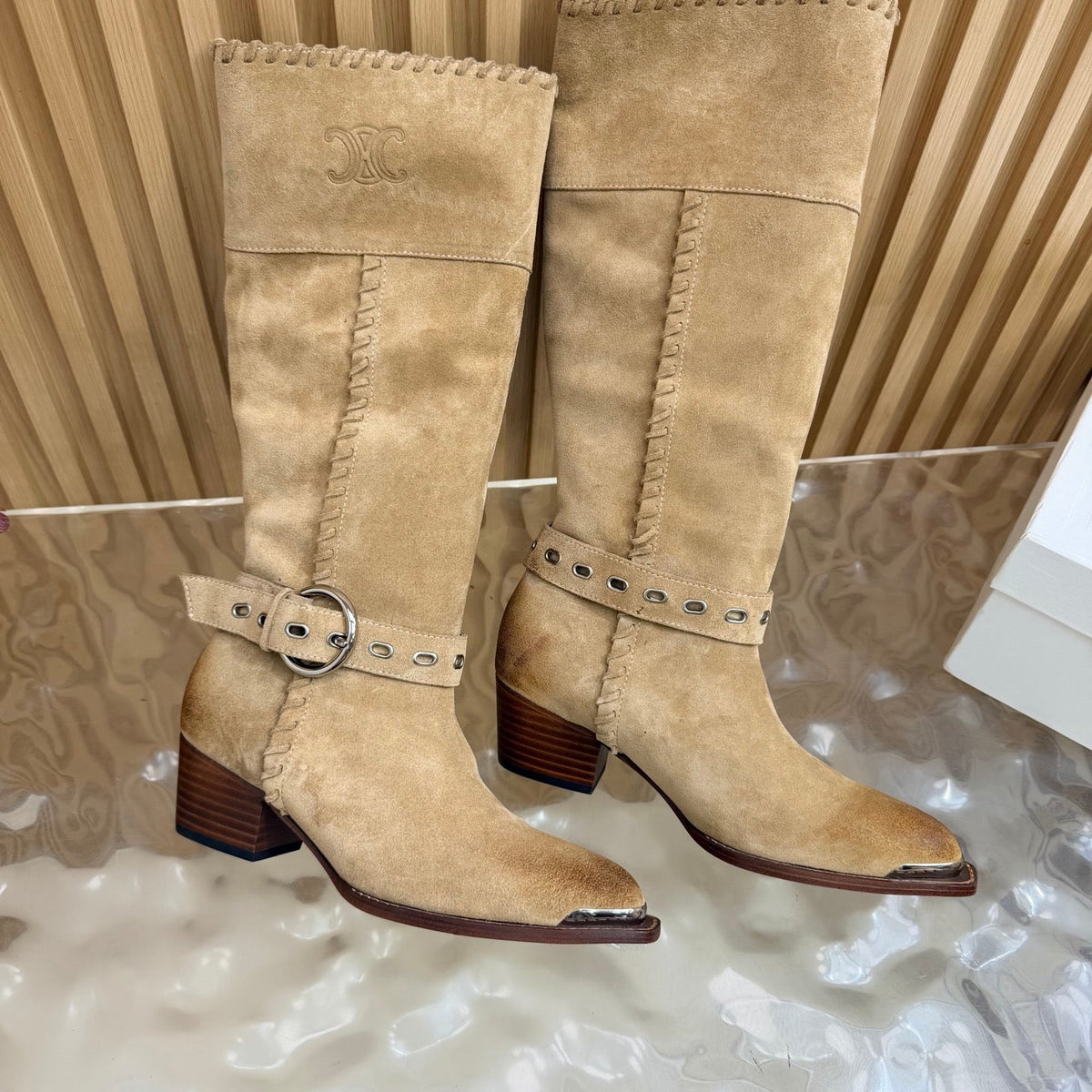 Celine 26s Western Knee-High Boots Khaki Suede 995404