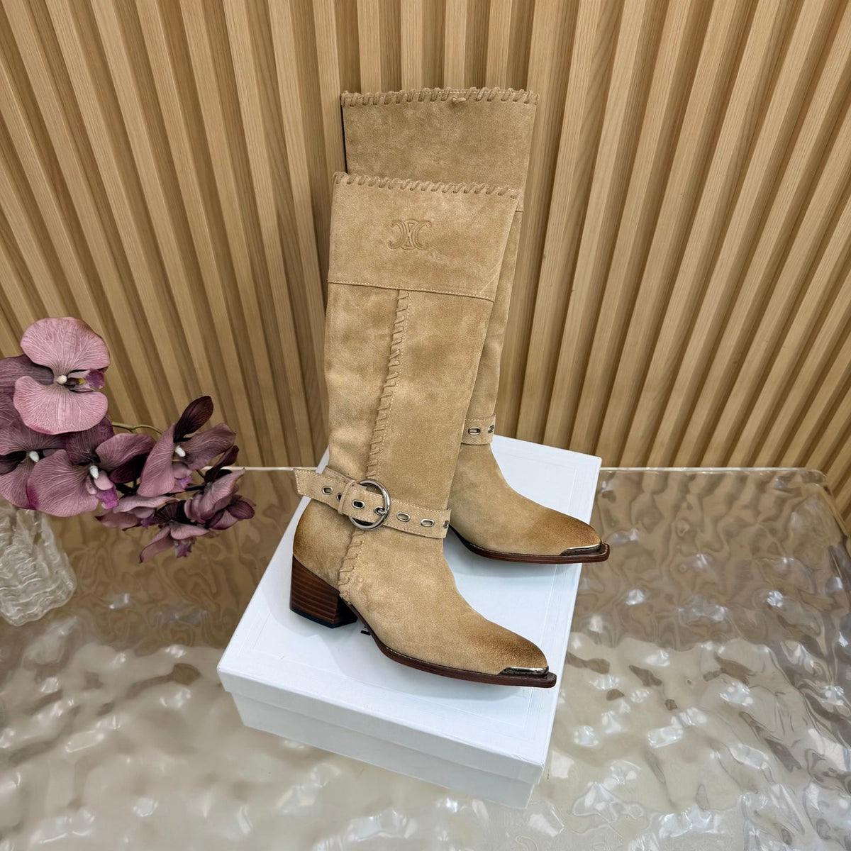 Celine 26s Western Knee-High Boots Khaki Suede 995404