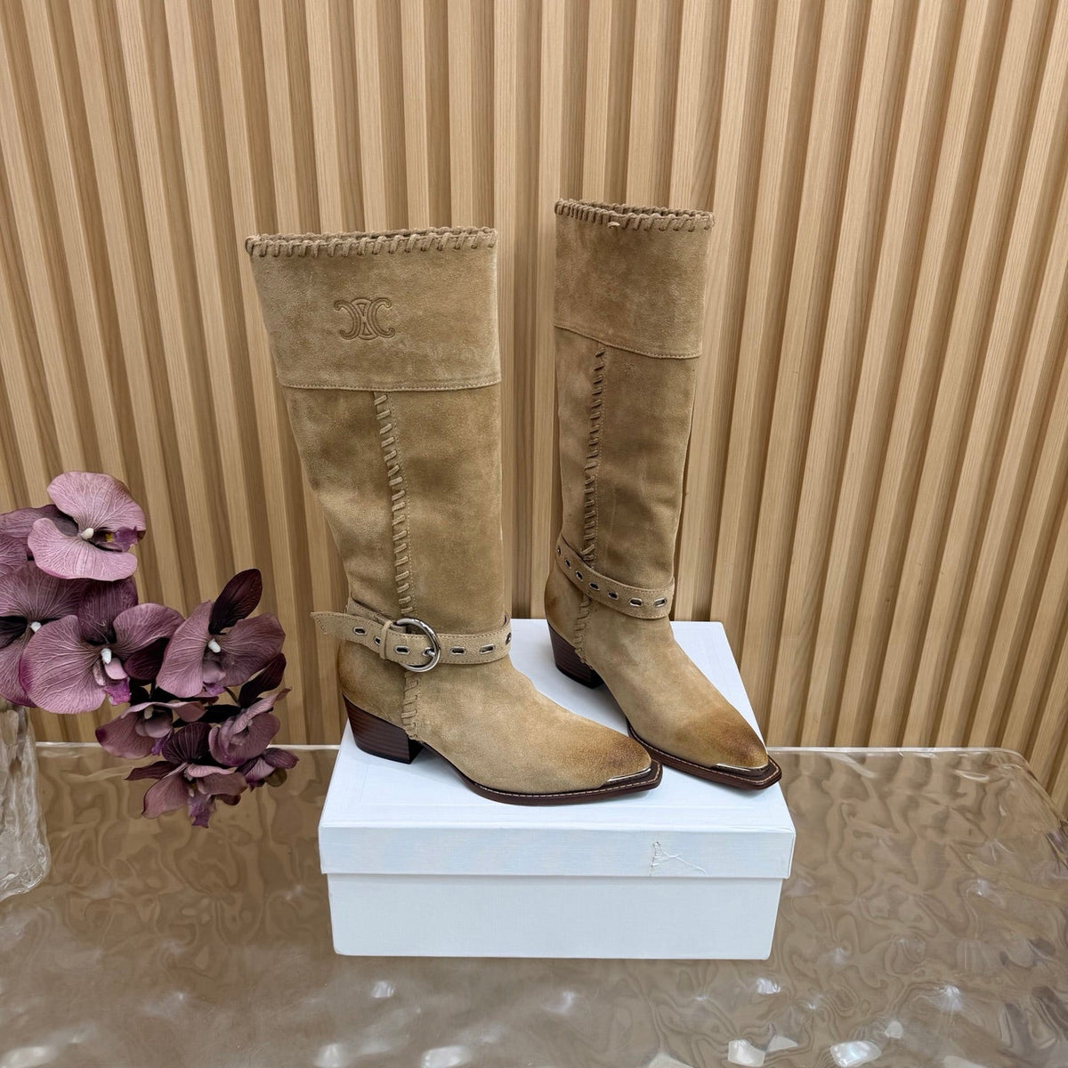 Celine 26s Western Knee-High Boots Khaki Suede 995404