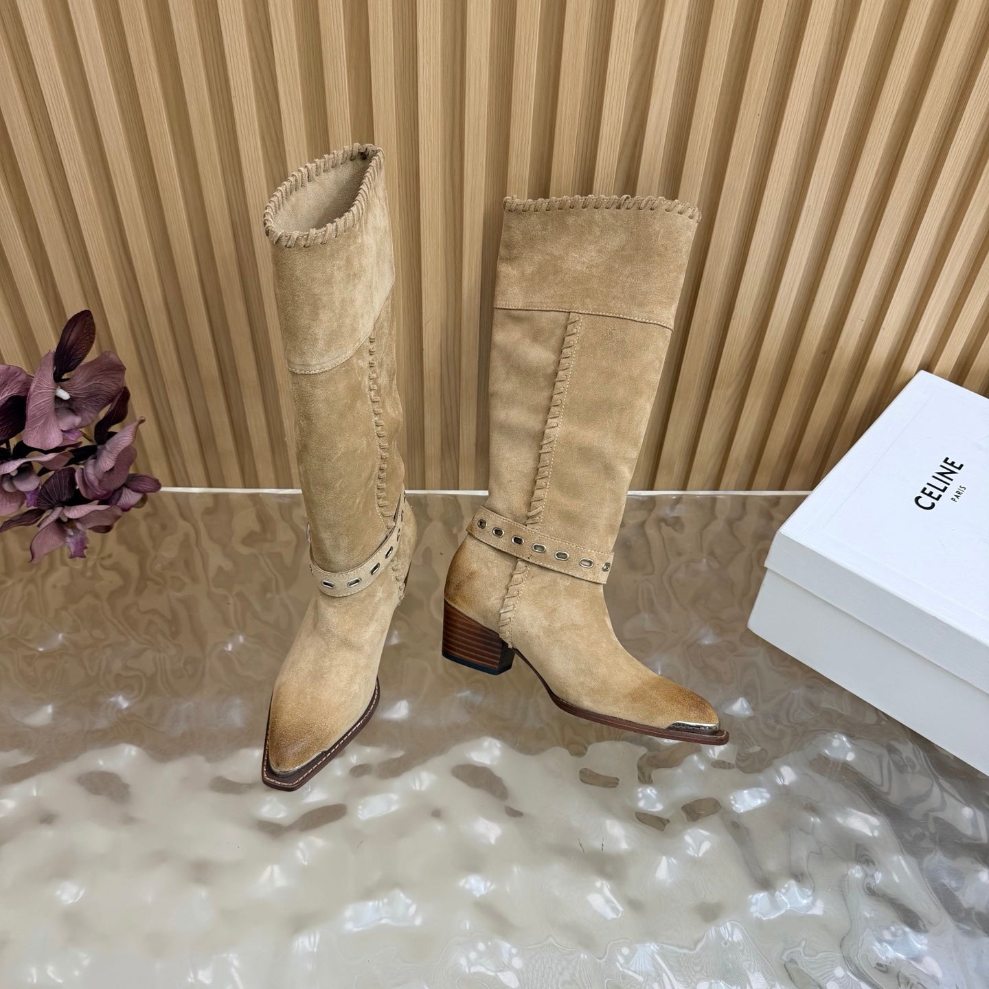 Celine 26s Western Knee-High Boots Khaki Suede 995404