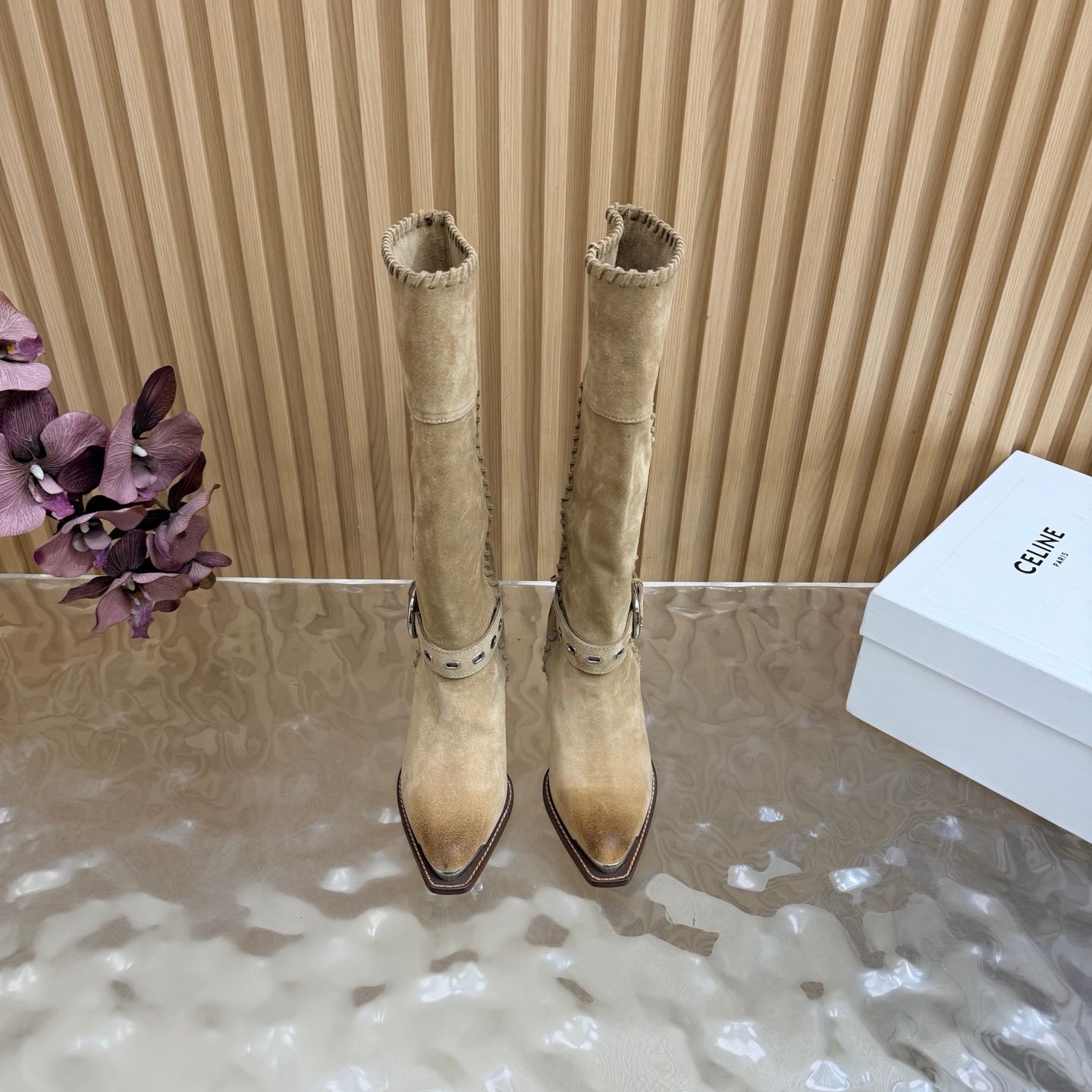 Celine 26s Western Knee-High Boots Khaki Suede 995404