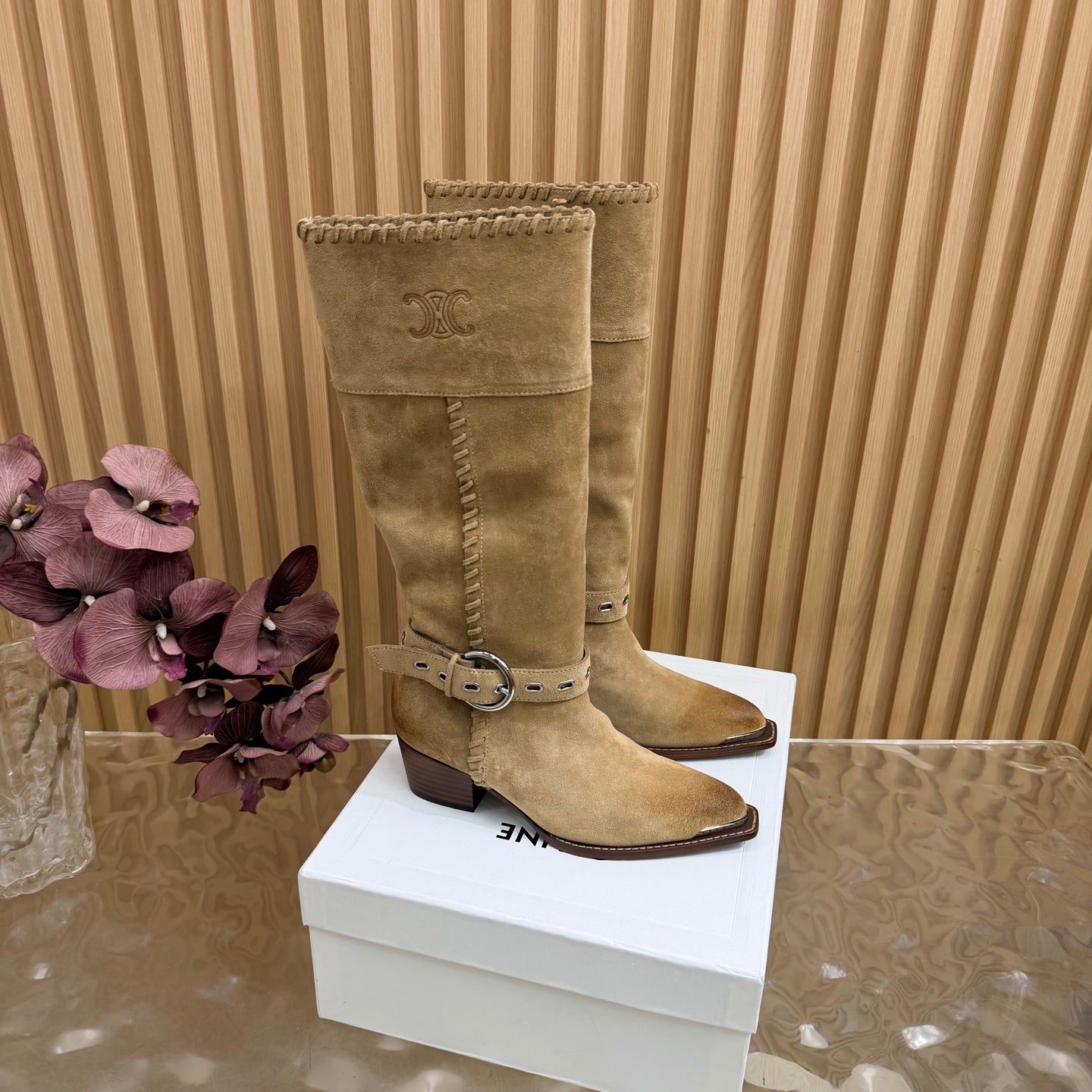 Celine 26s Western Knee-High Boots Khaki Suede 995404