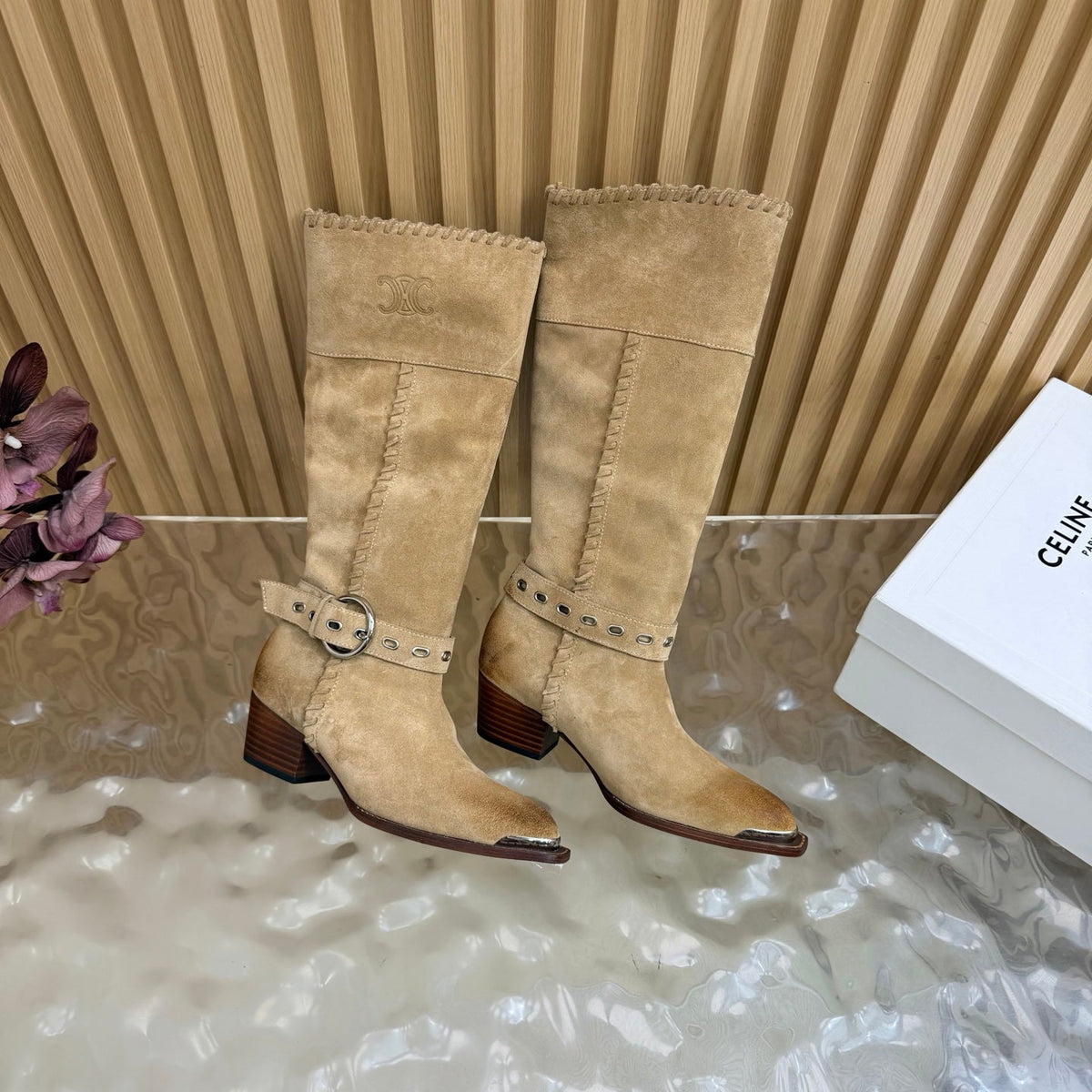 Celine 26s Western Knee-High Boots Khaki Suede 995404