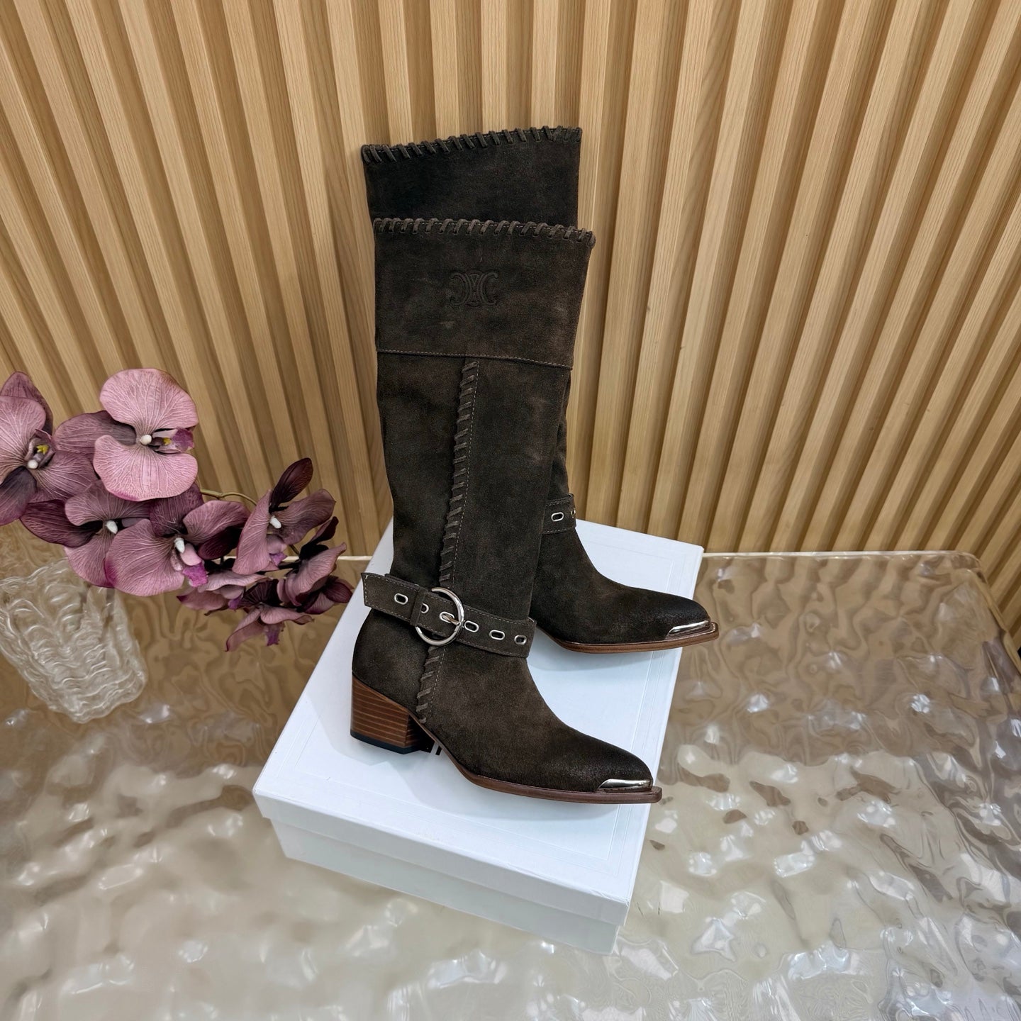 Celine 26s Western Knee-High Boots Coffee Suede 995405