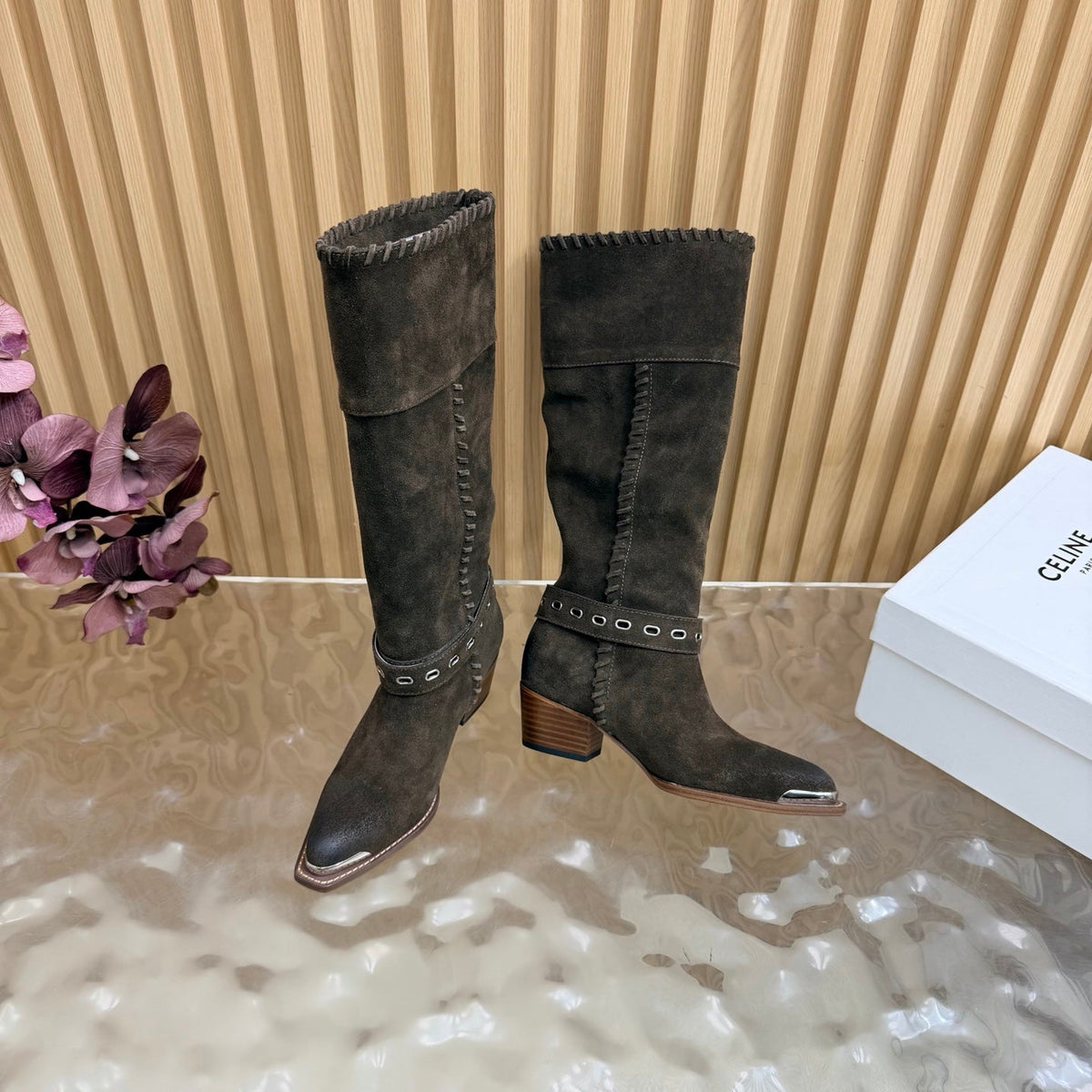 Celine 26s Western Knee-High Boots Coffee Suede 995405